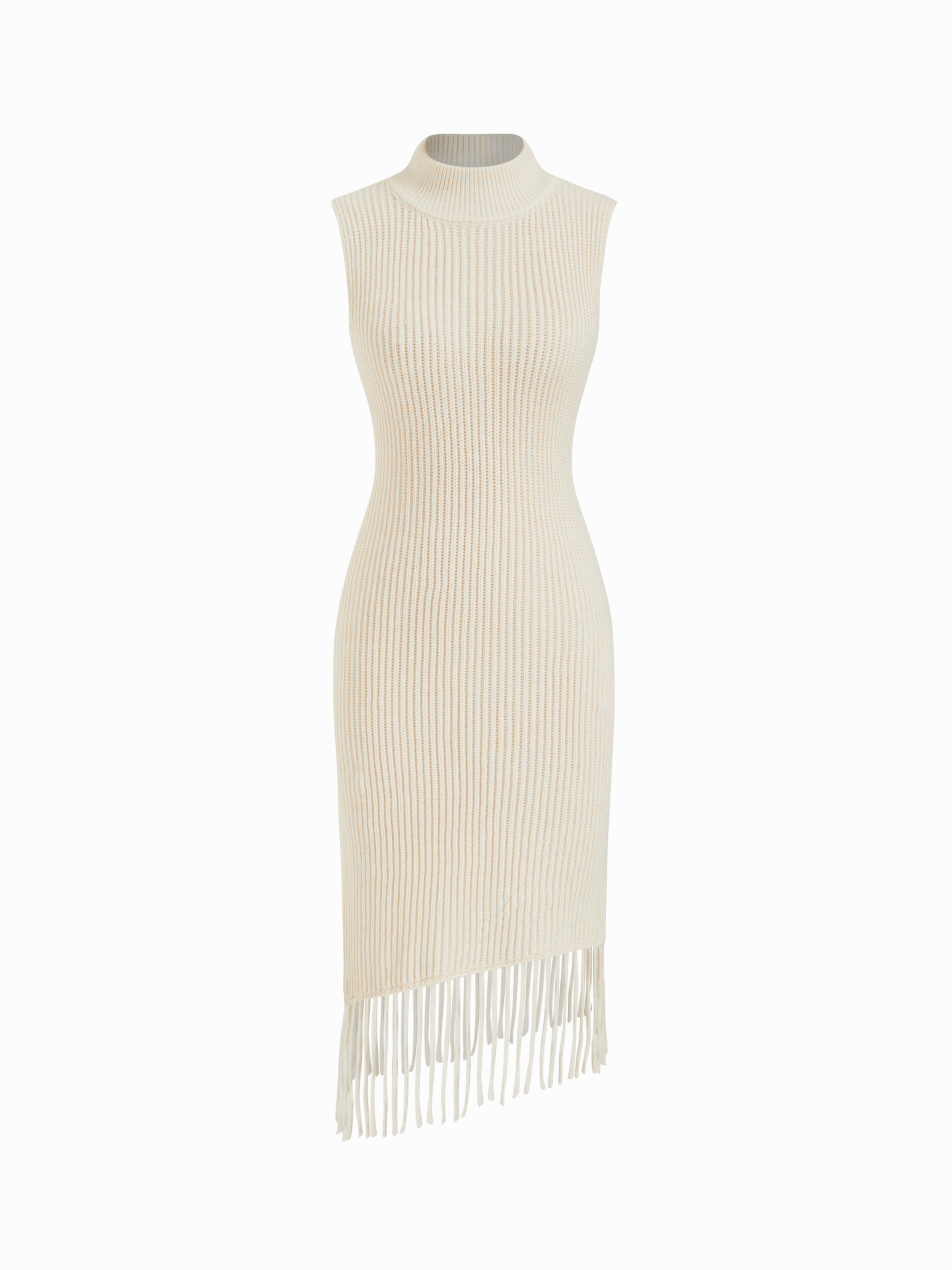 Knit Stand Collar Fringed Hem Stand Collar Midi Dress