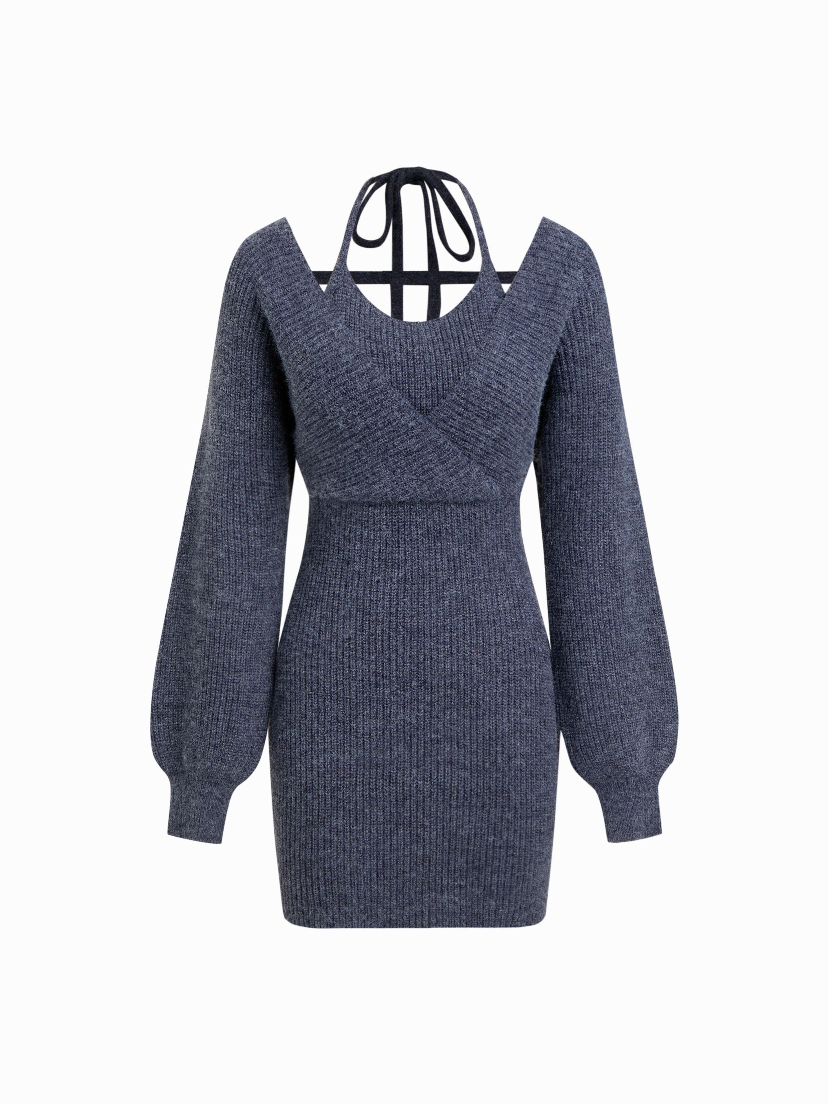 Knit Halter Neckline Lantern Sleeve Cut Out Dress