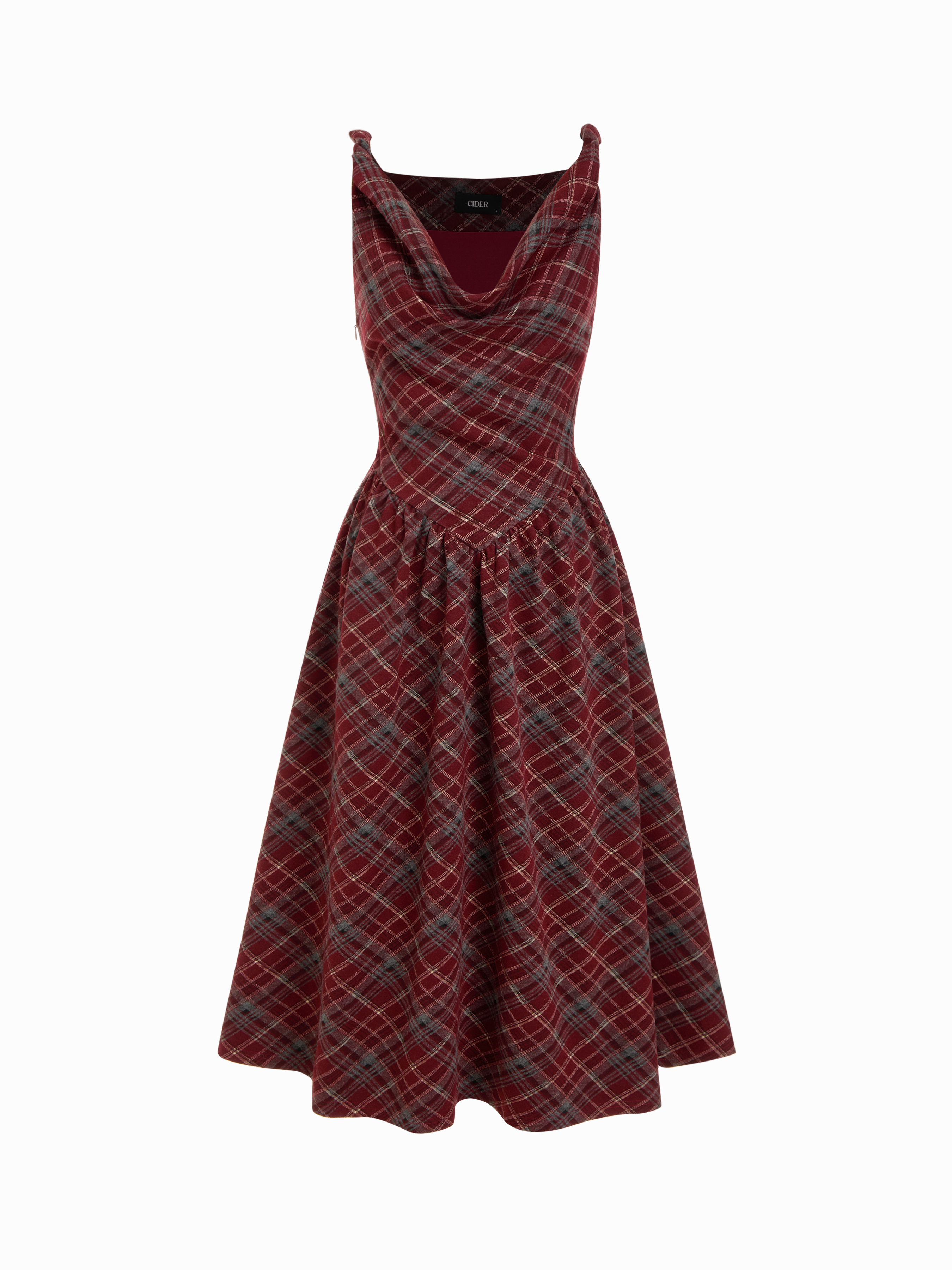 Cowl Neck Tartan Plaid Twist A-line Midi Cami Dress