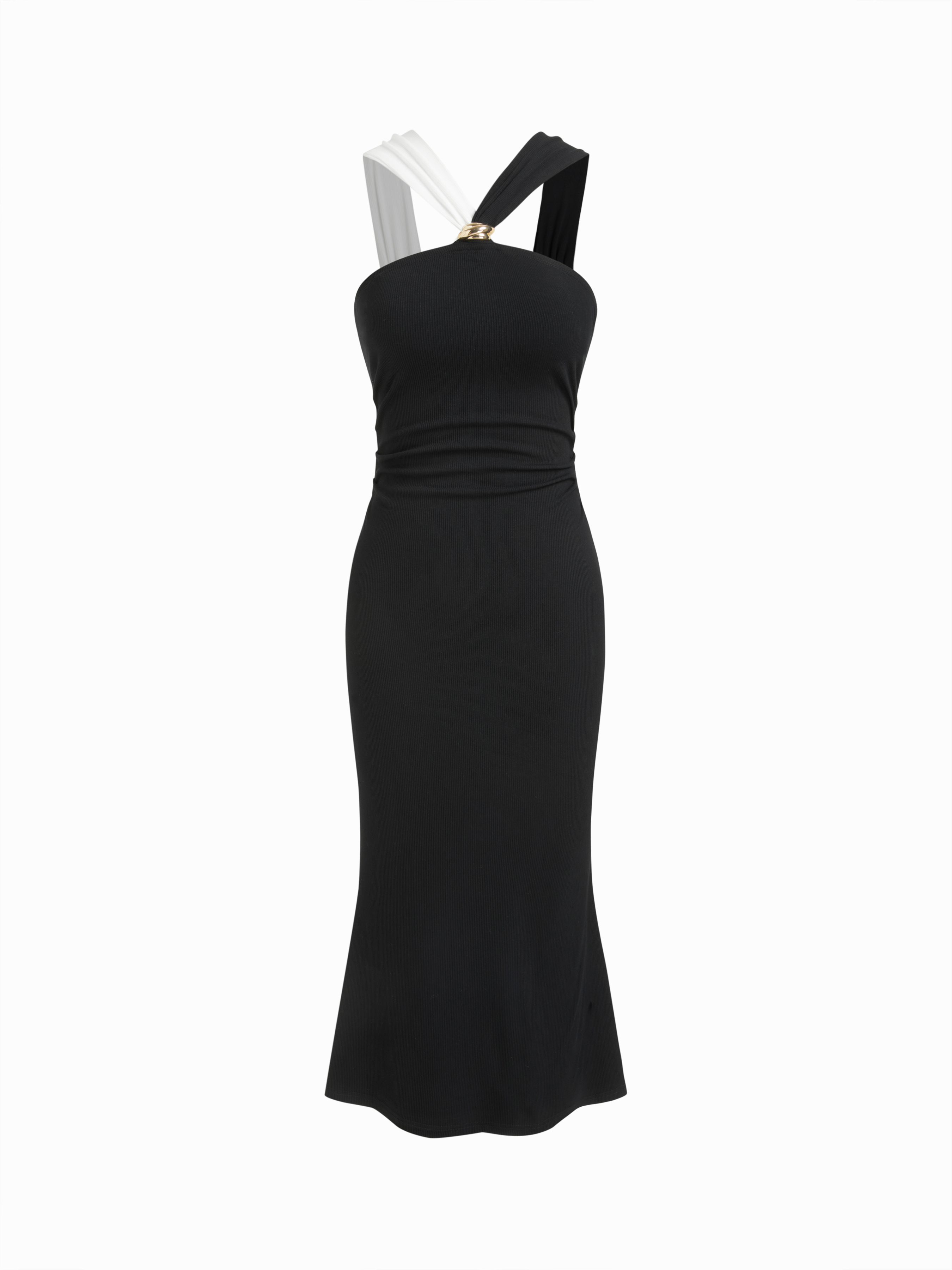 V-neck Two Tone Metal Deatil Ruched Mermaid Midi Dress