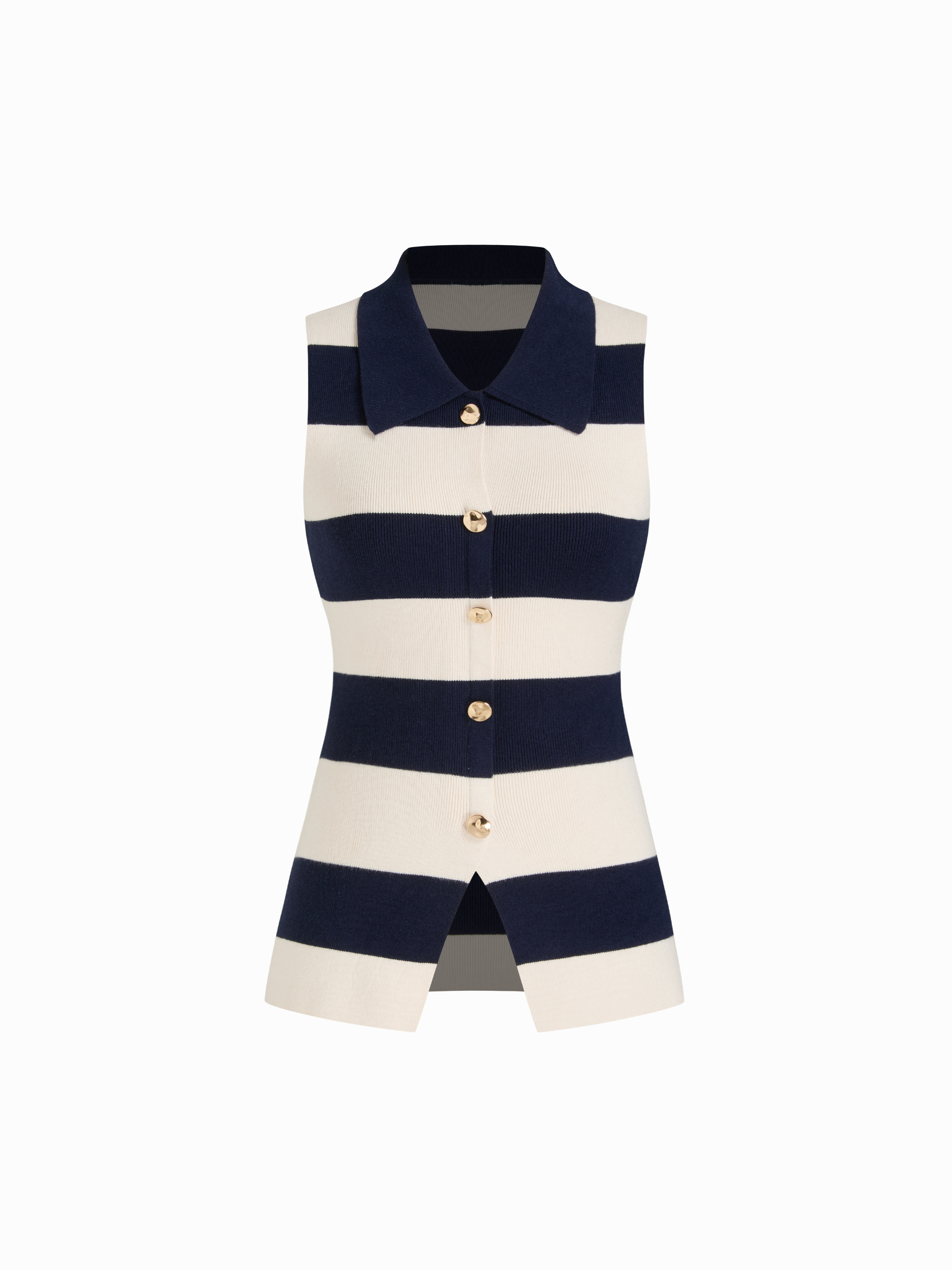 Knit Collar Two Tone Striped Split Tank Top With Metal Button