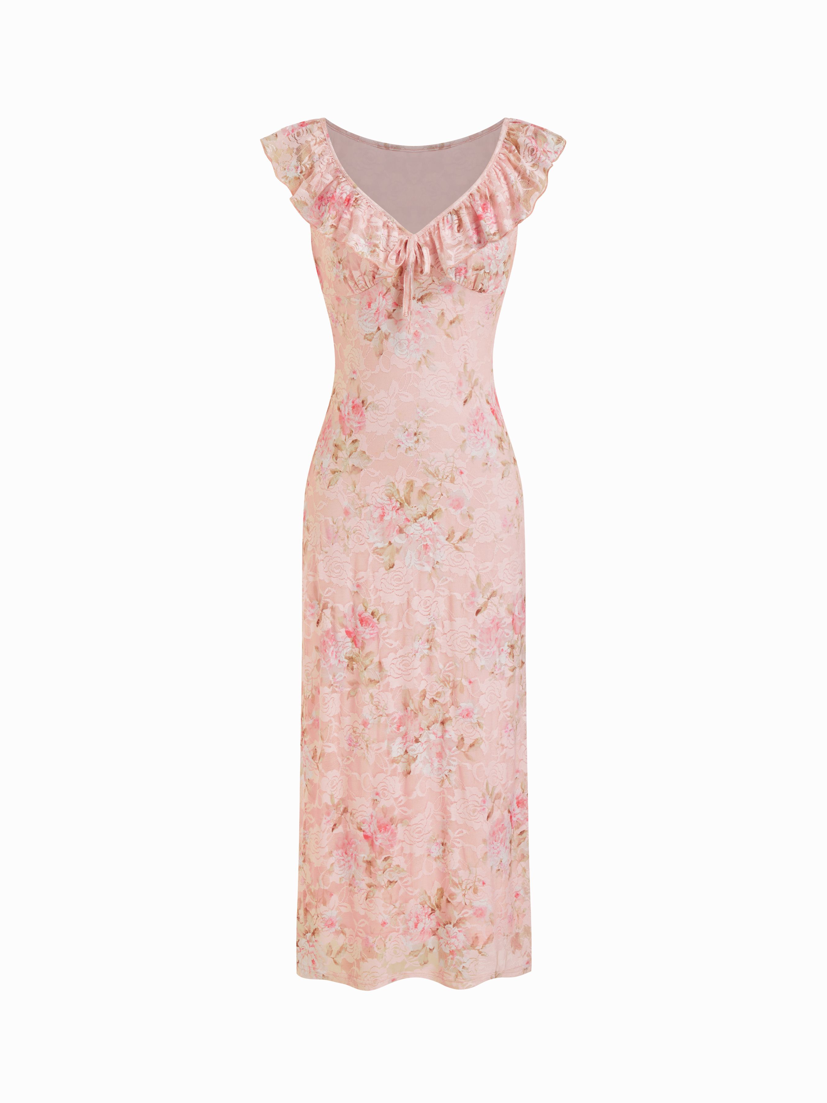 Floral V-neck Ruffled Sleeve Straight Midi Dress