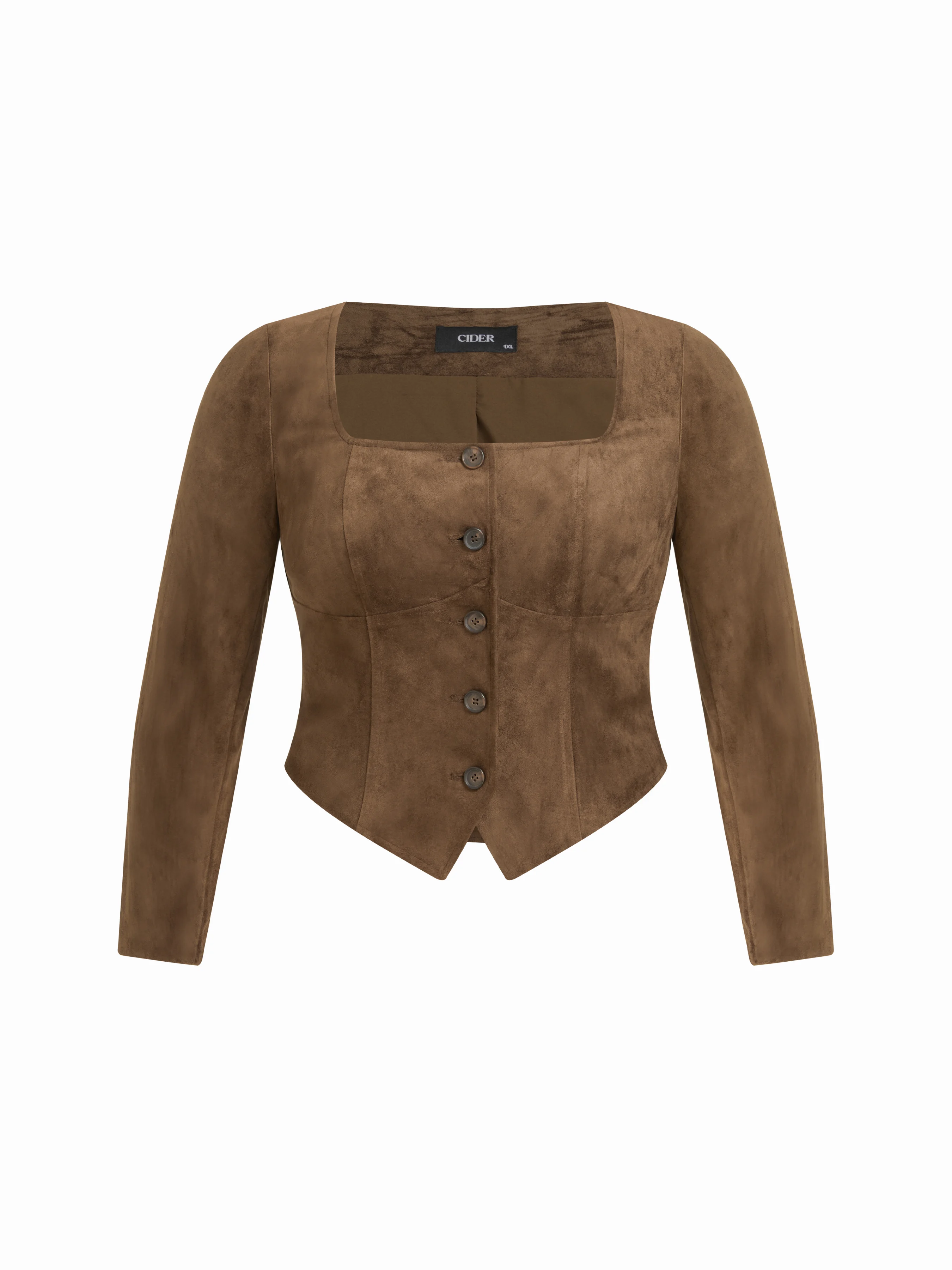 Suede Square Neck Asymmetrical Hem Button Jacket Curve & Plus