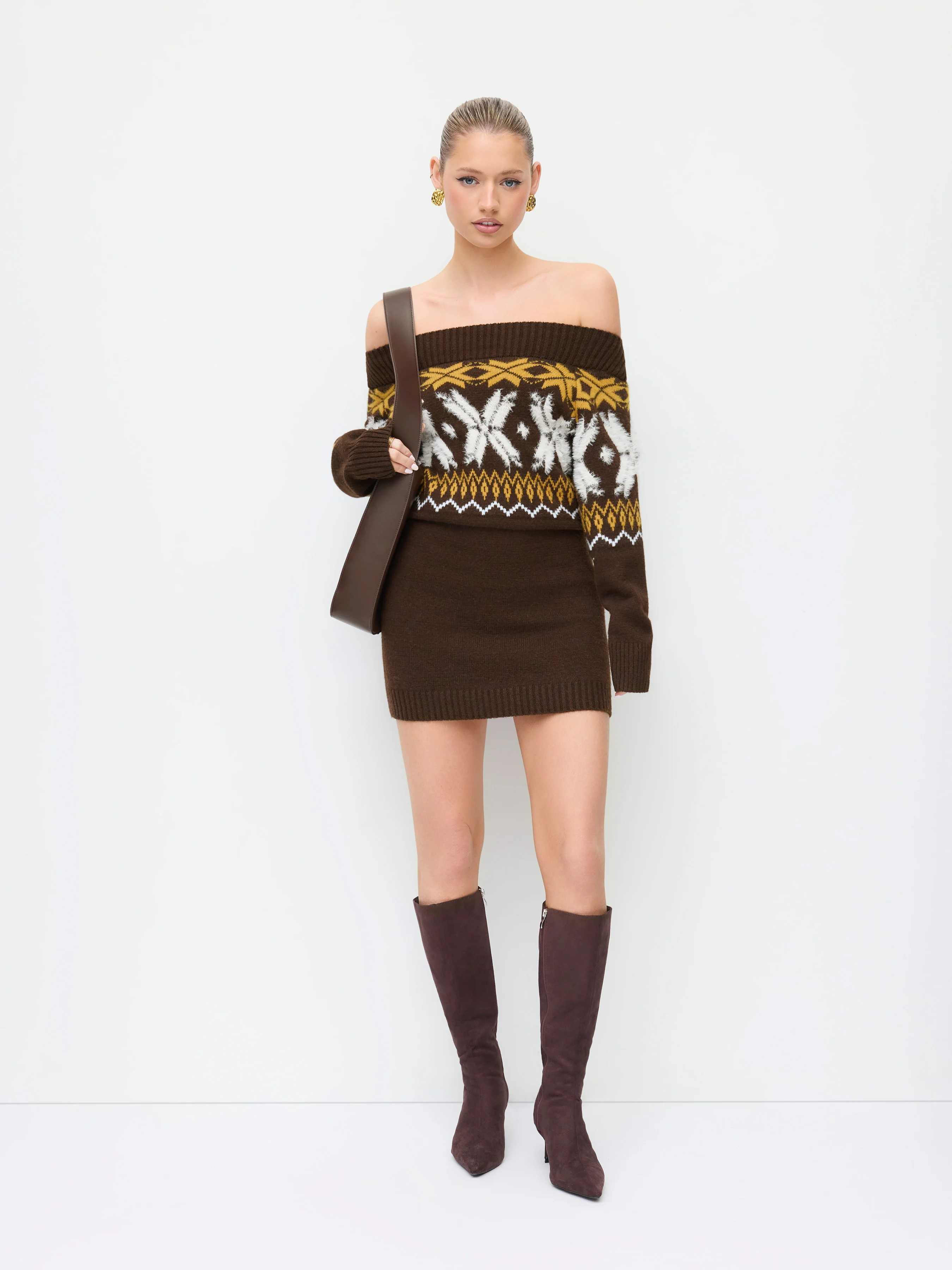 Knit Fair Isle Off-shoulder Mini Dress