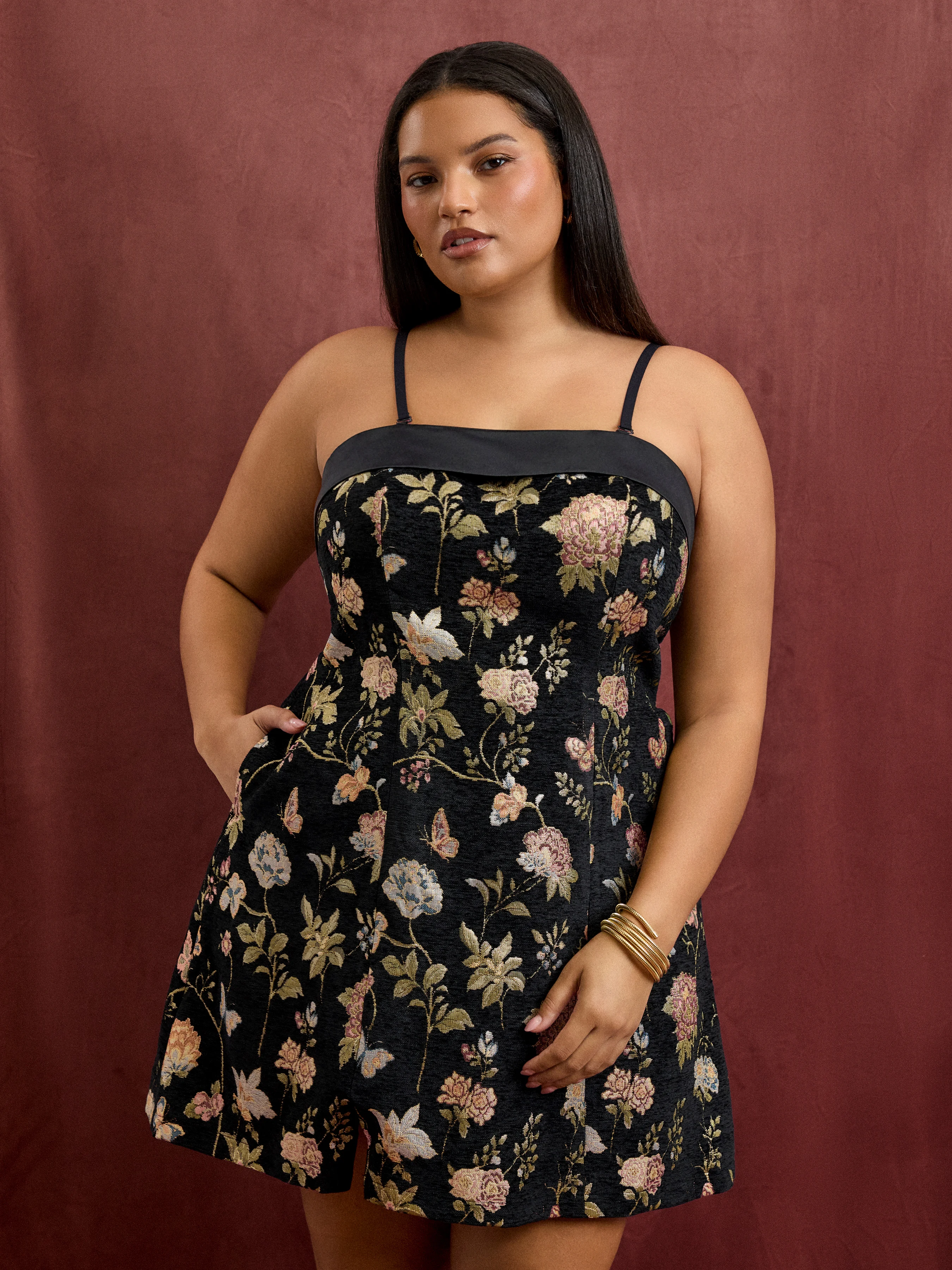 Jacquard Floral Bandeau A-line Mini Dress With Removable Straps Curve & Plus
