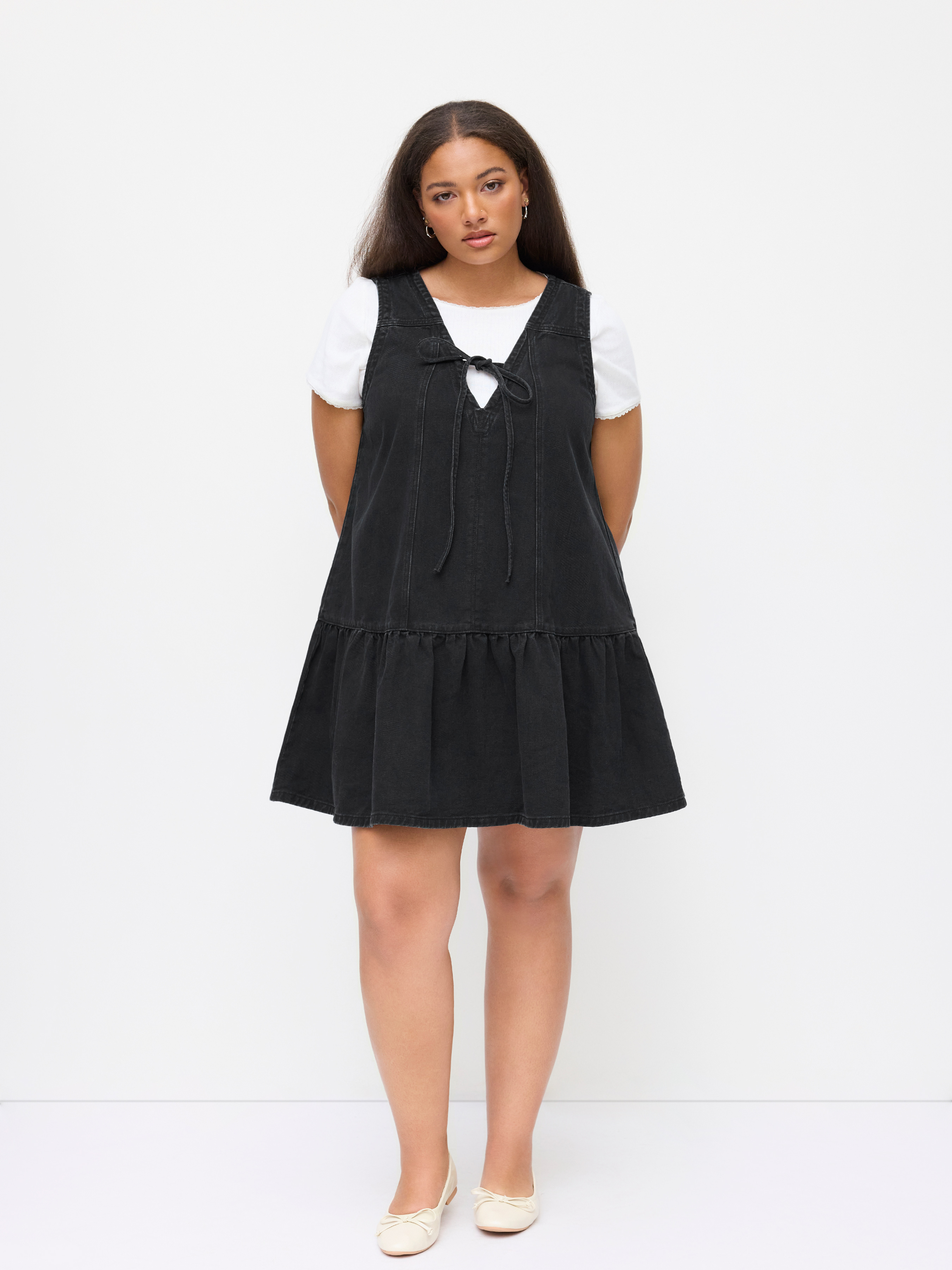 Denim V-neck Knotted A-line Mini Dress Curve & Plus