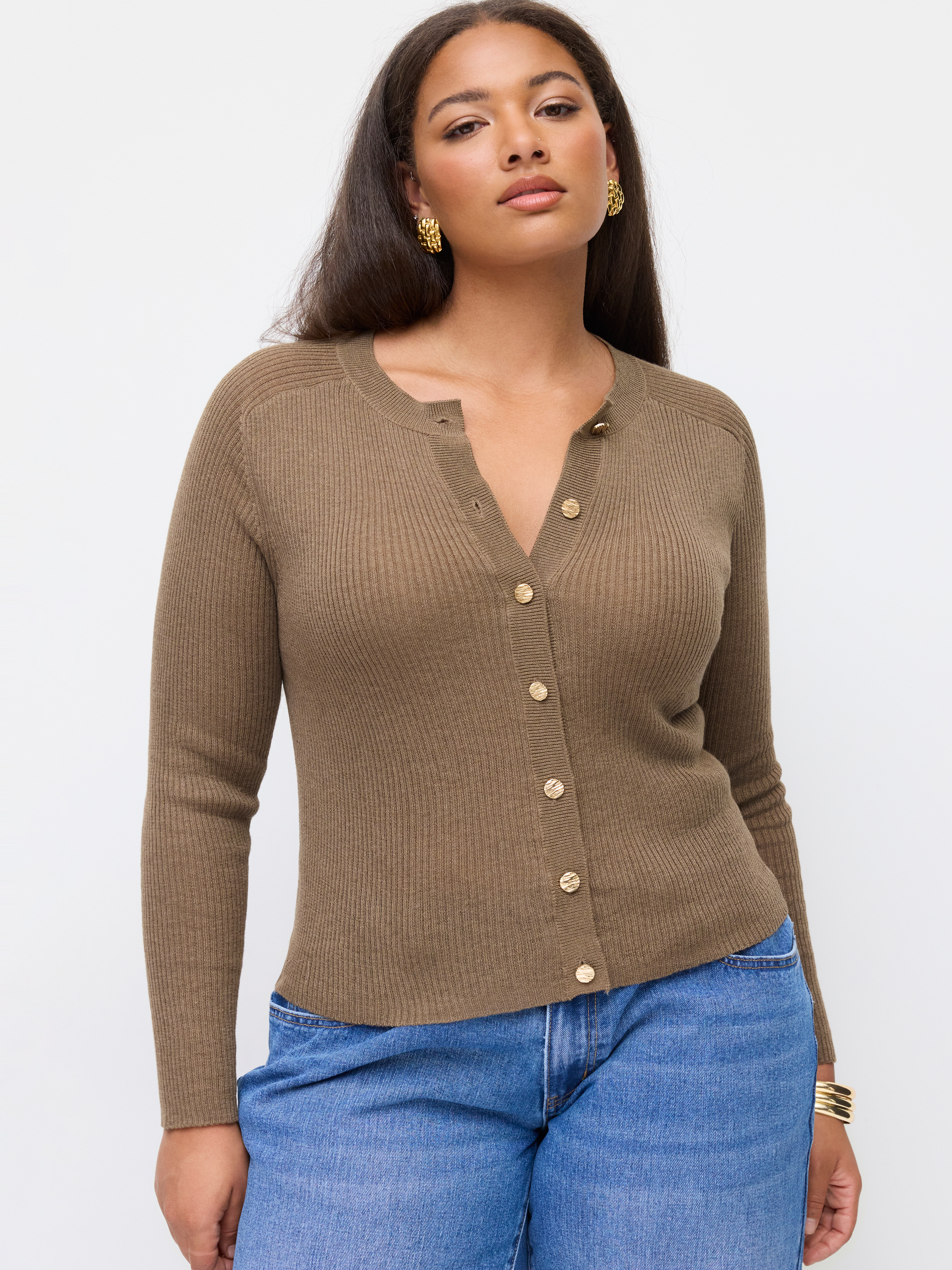 Wool-blend Round Neckline Metal Button Cardigan Curve & Plus