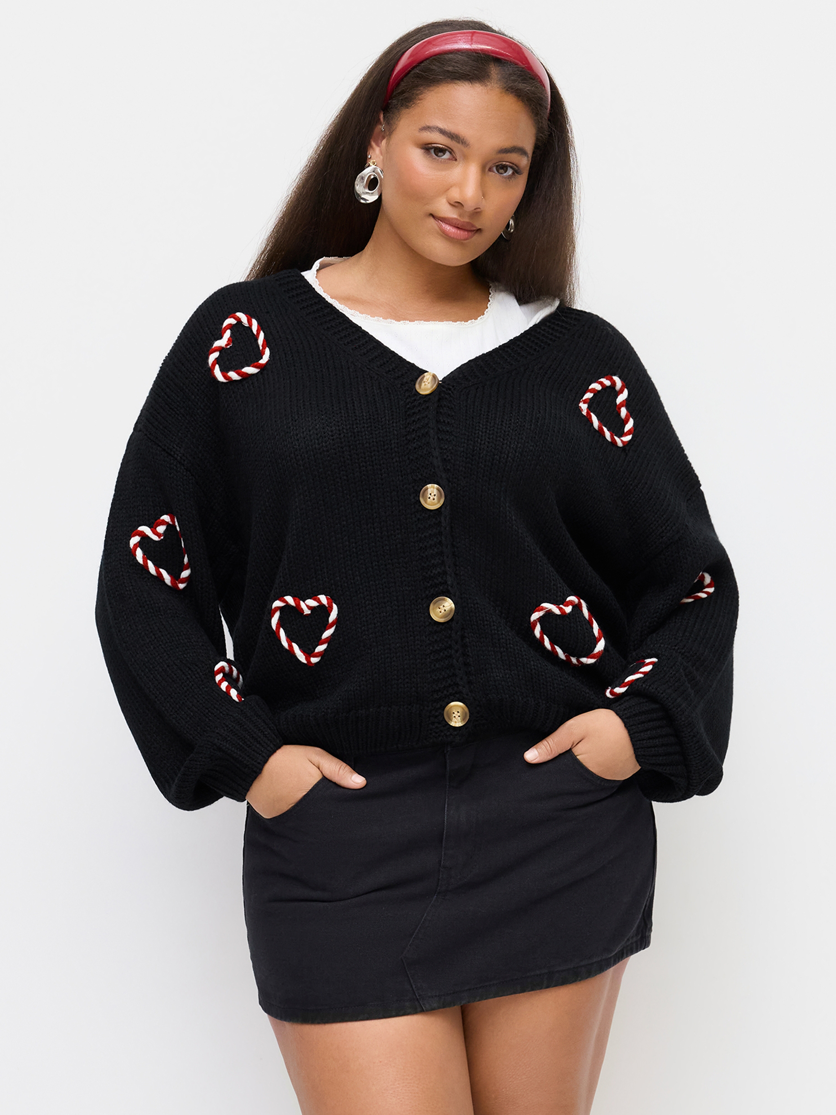 Knit Heart Graphic V-neck Button Oversized Cardigan Curve & Plus
