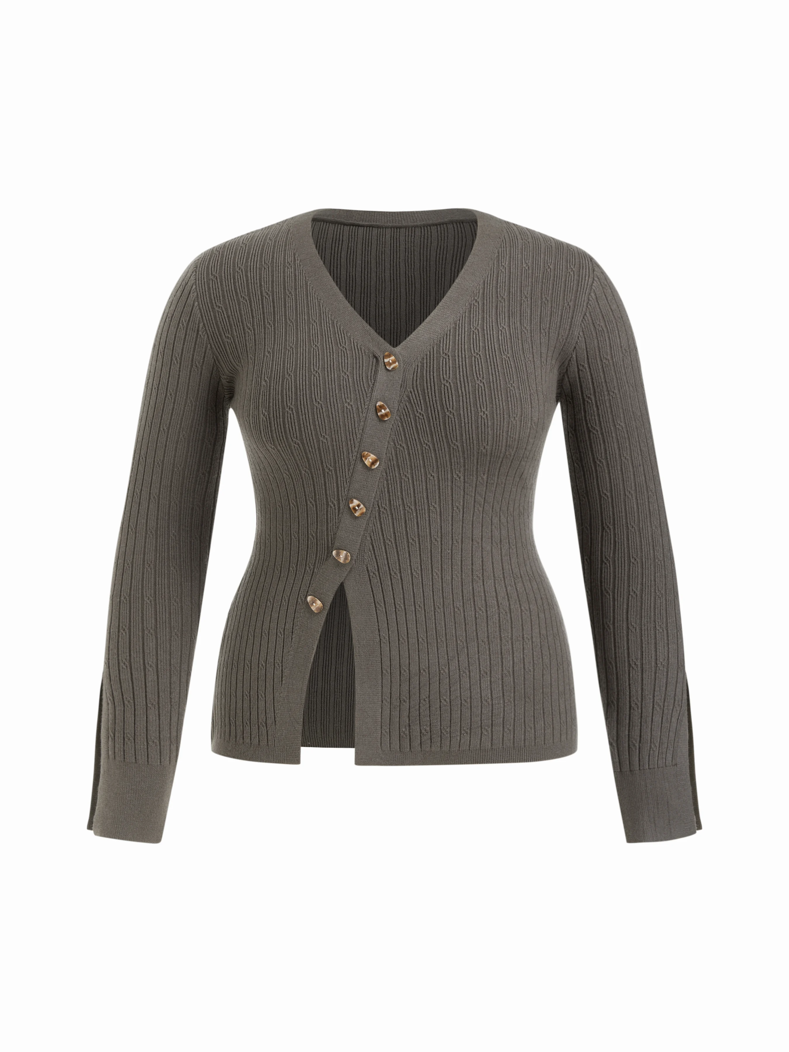 Cable Knit V-neck Asymmetrical Split Button Cardigan Curve & Plus