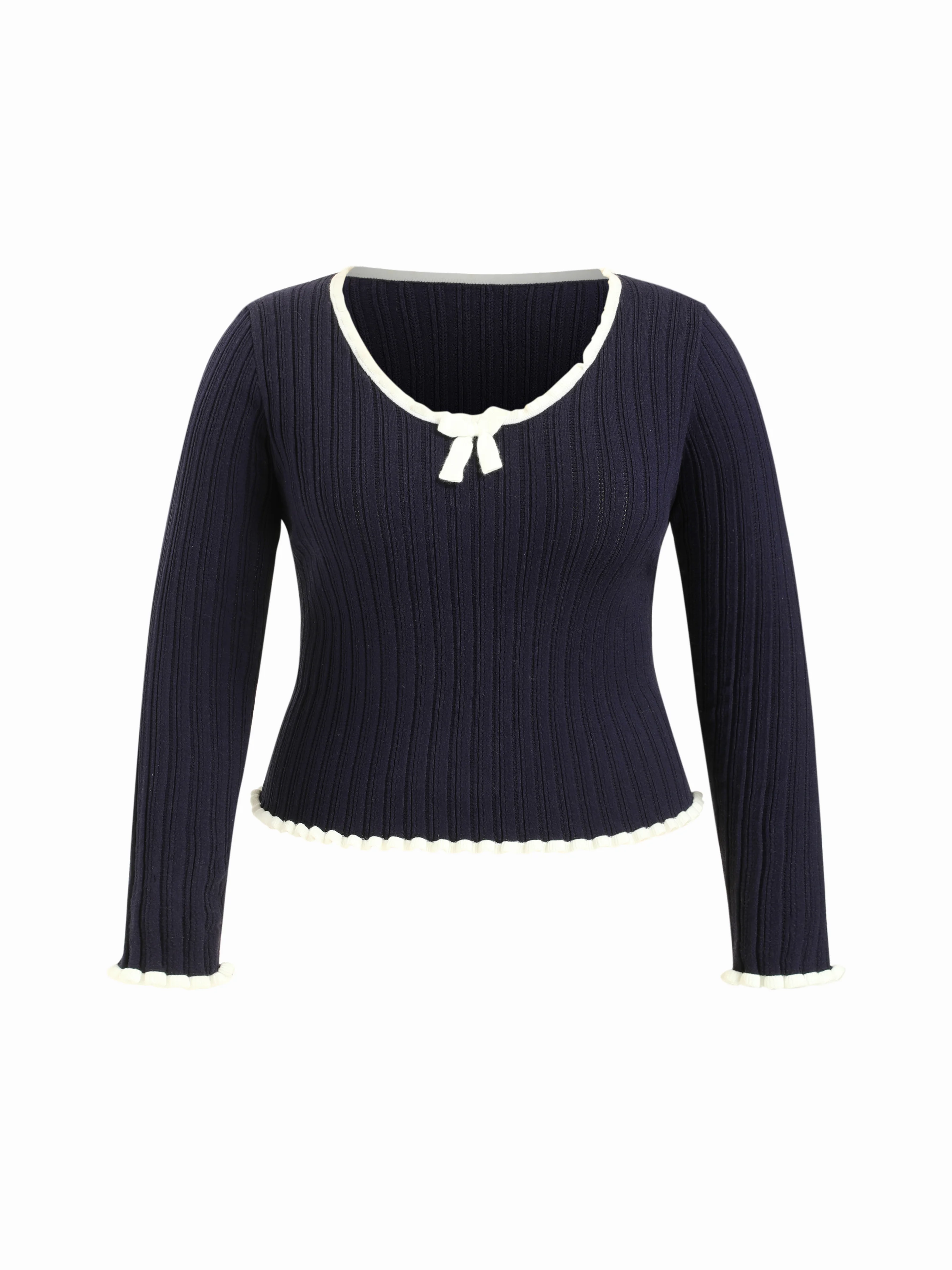 Knit Bowknot Contrasting Binding Lettuce Trim Top Curve & Plus