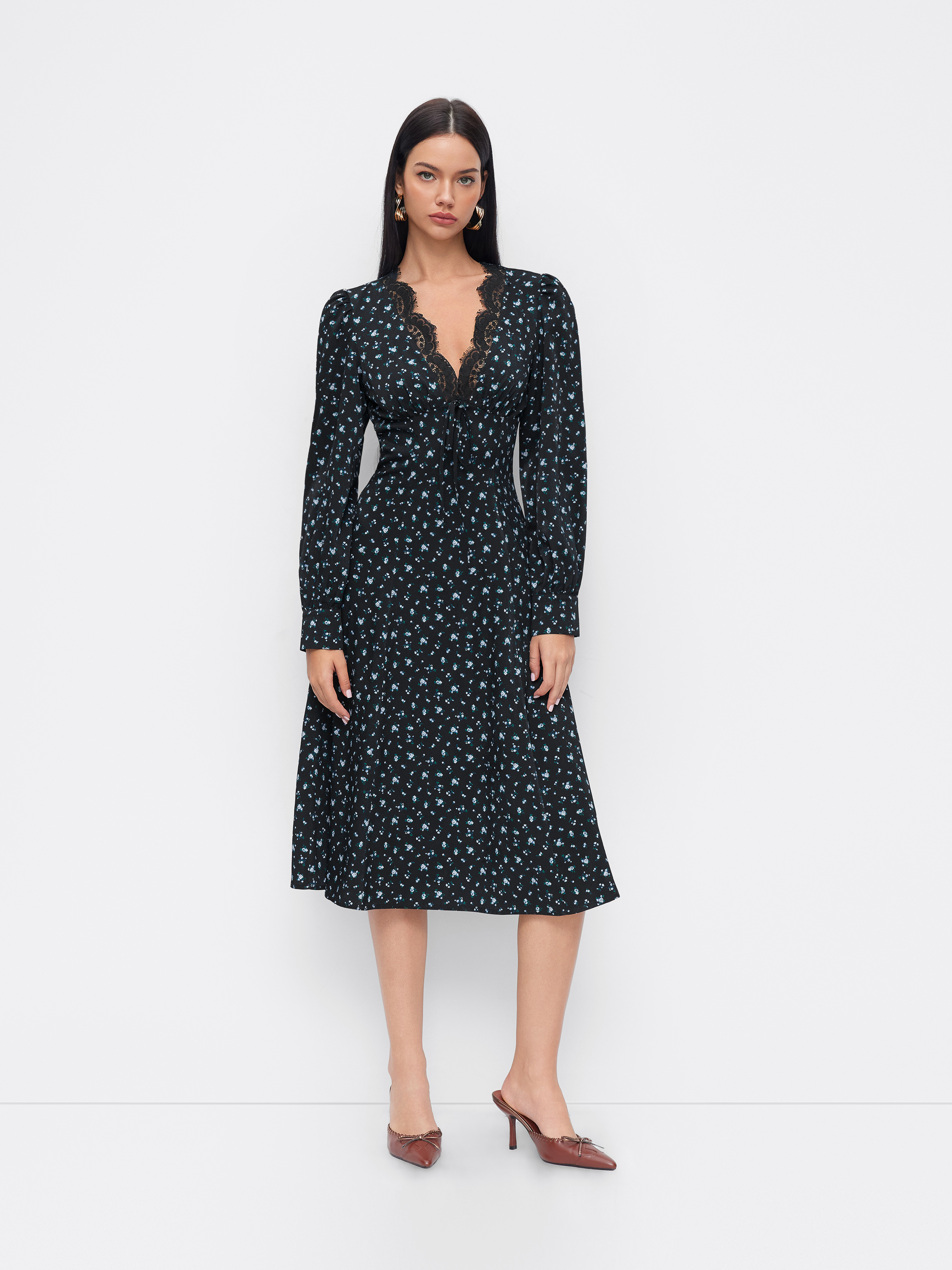 Sweetheart Long Sleeve Lace Panel Floral Midi A-line Dress