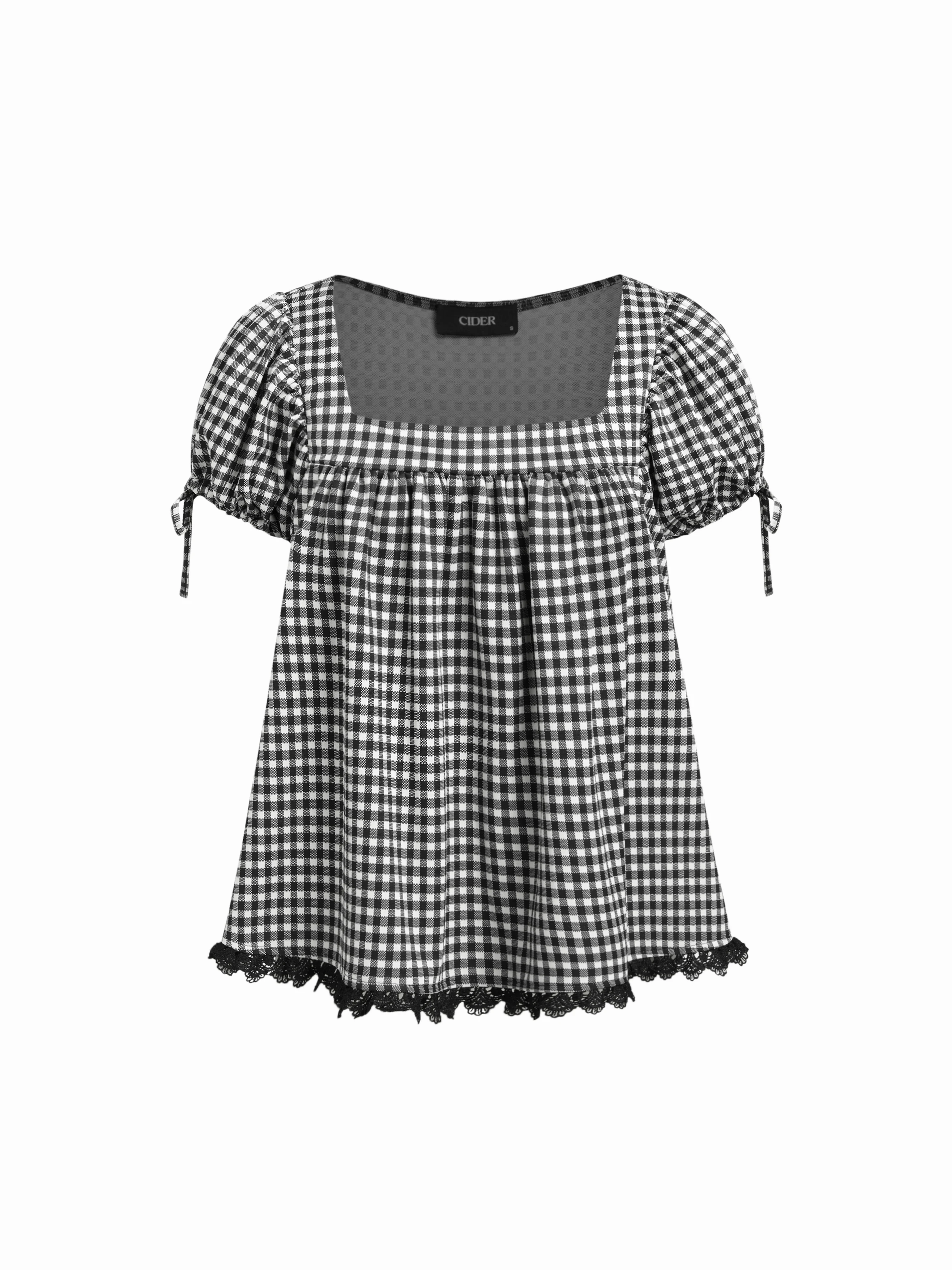 Square Neck Puff Sleeve Plaid Drawstring Blouse