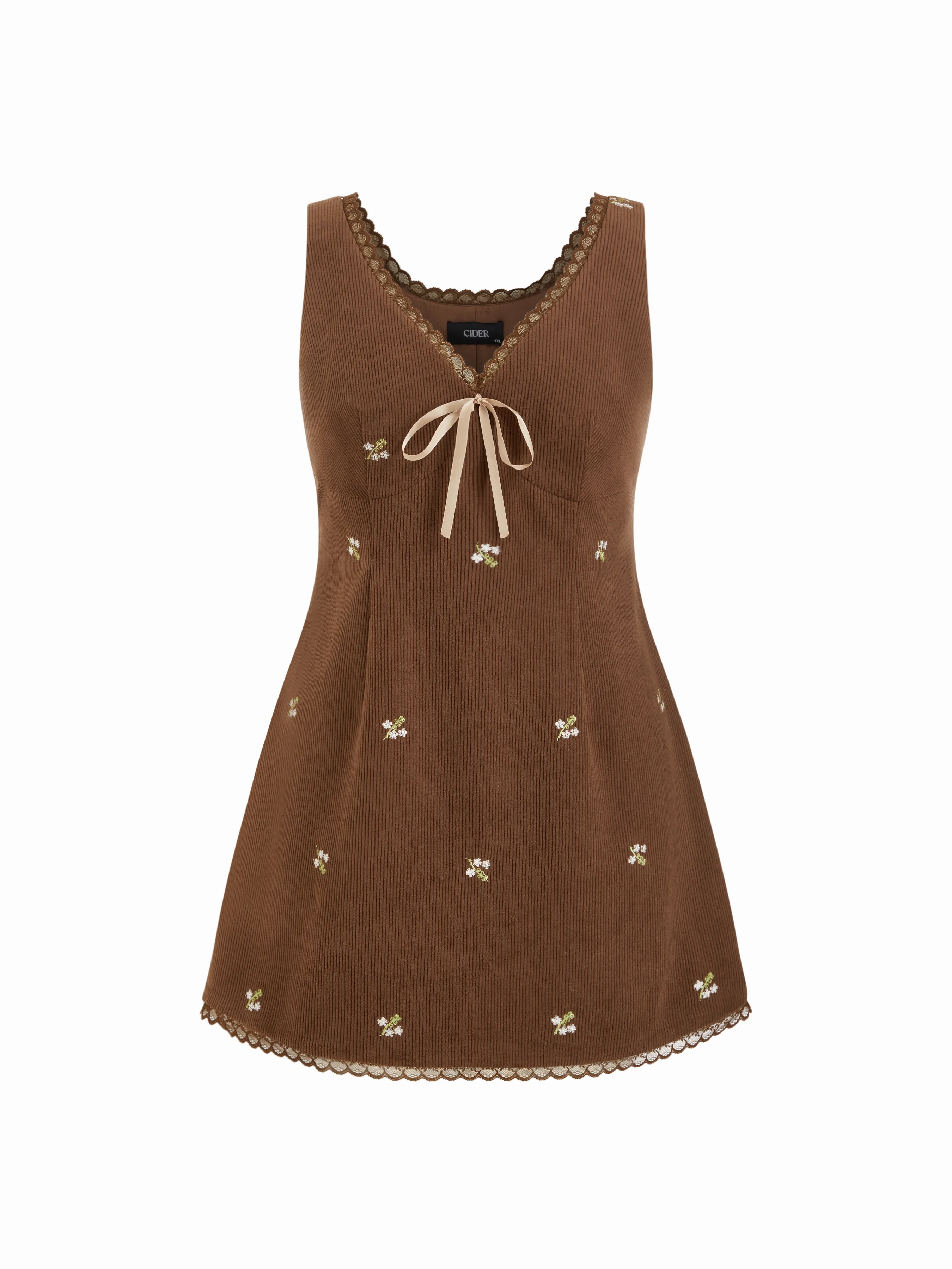 Corduroy Floral V-neck Lace Trim Bowknot Mini Dress Curve & Plus