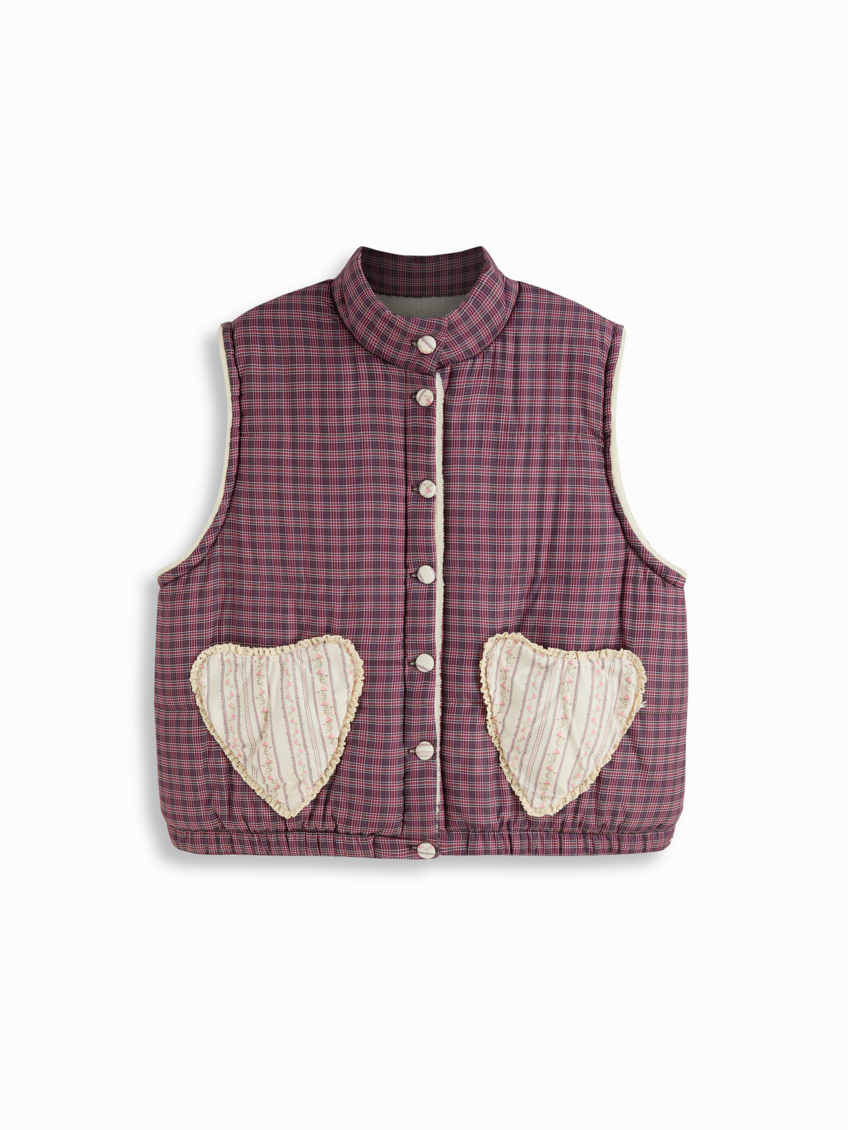 High Neck Checks Ditsy Floral Heart Shaped Pocket Oversized Puffer Vest Curve & Plus