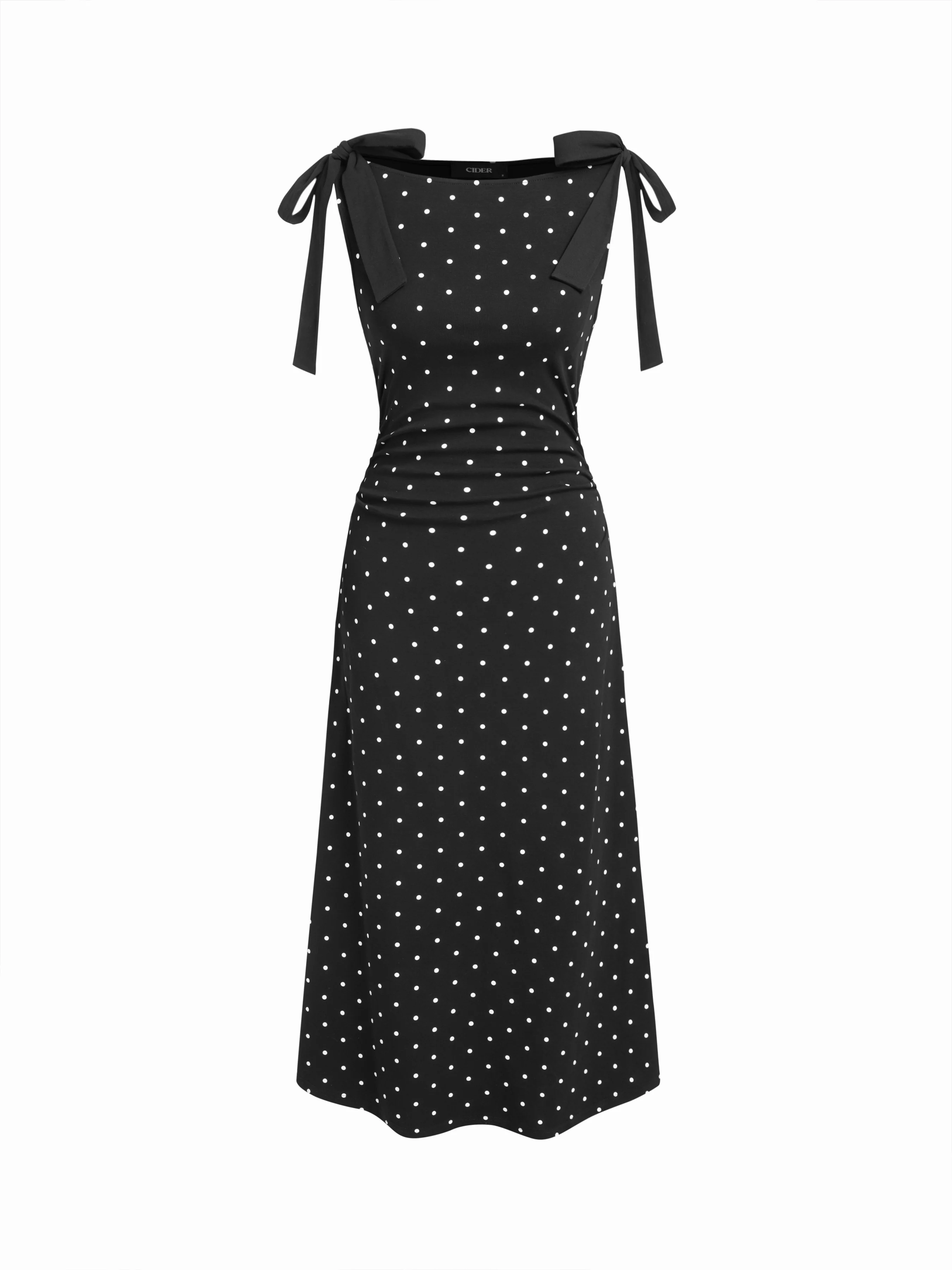 Cotton-blend Boat Neck Polka Dot Bowknot Midi Dress