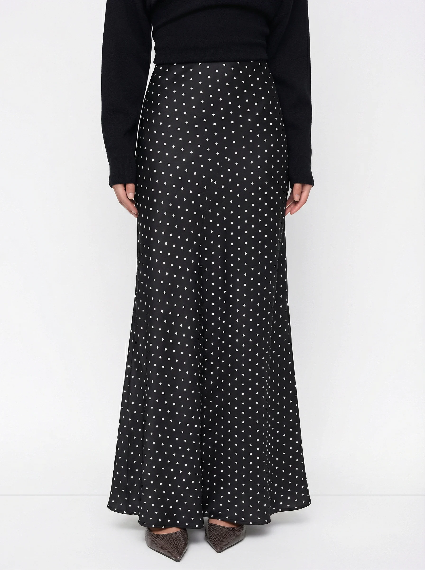 Satin Mid Rise Ruffle Maxi Skirt