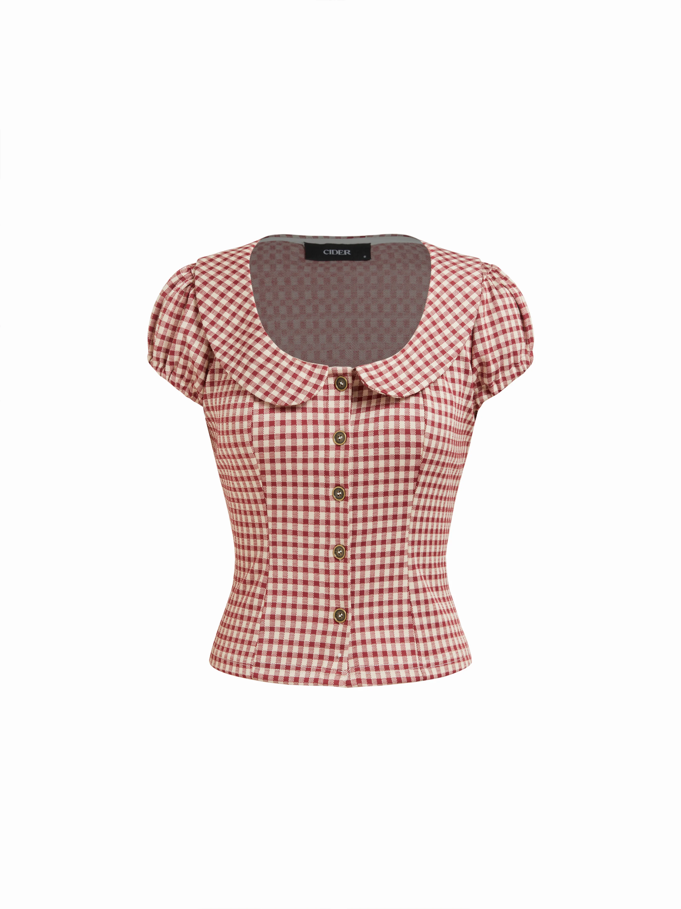 Red Gingham Peter Pan Collar Puff Sleeve Crop Blouse