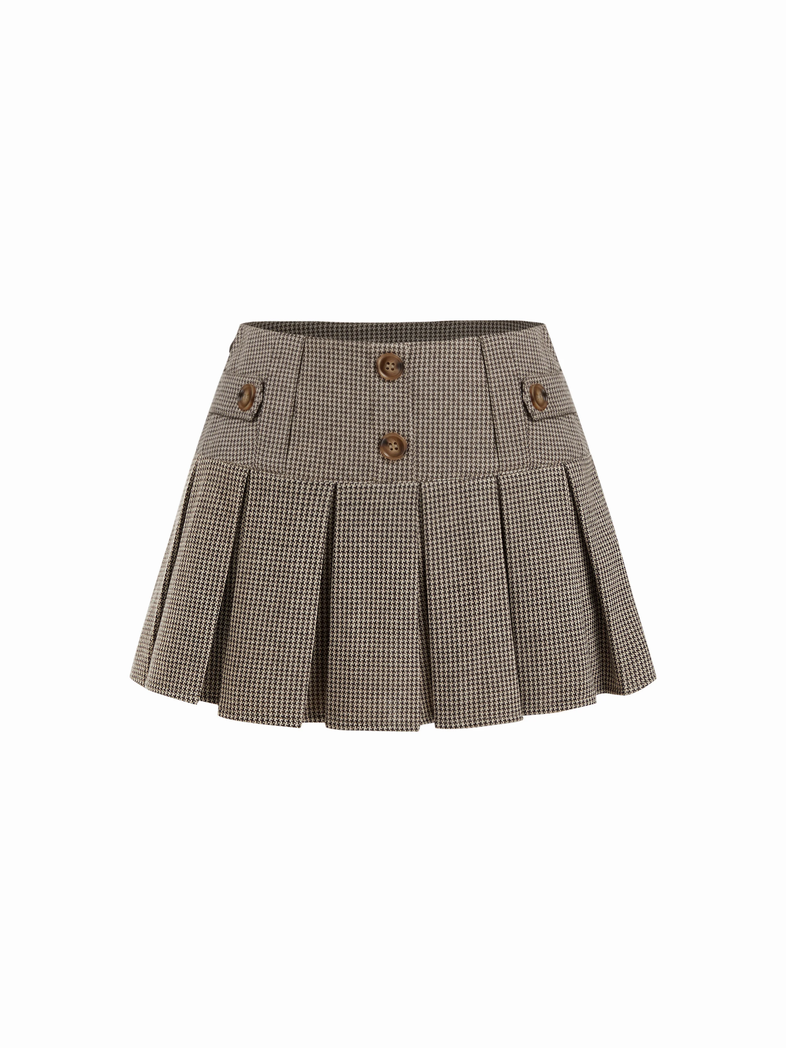 Jacquard Low Rise Houndstooth Pleated Mini Skort With Button Detail