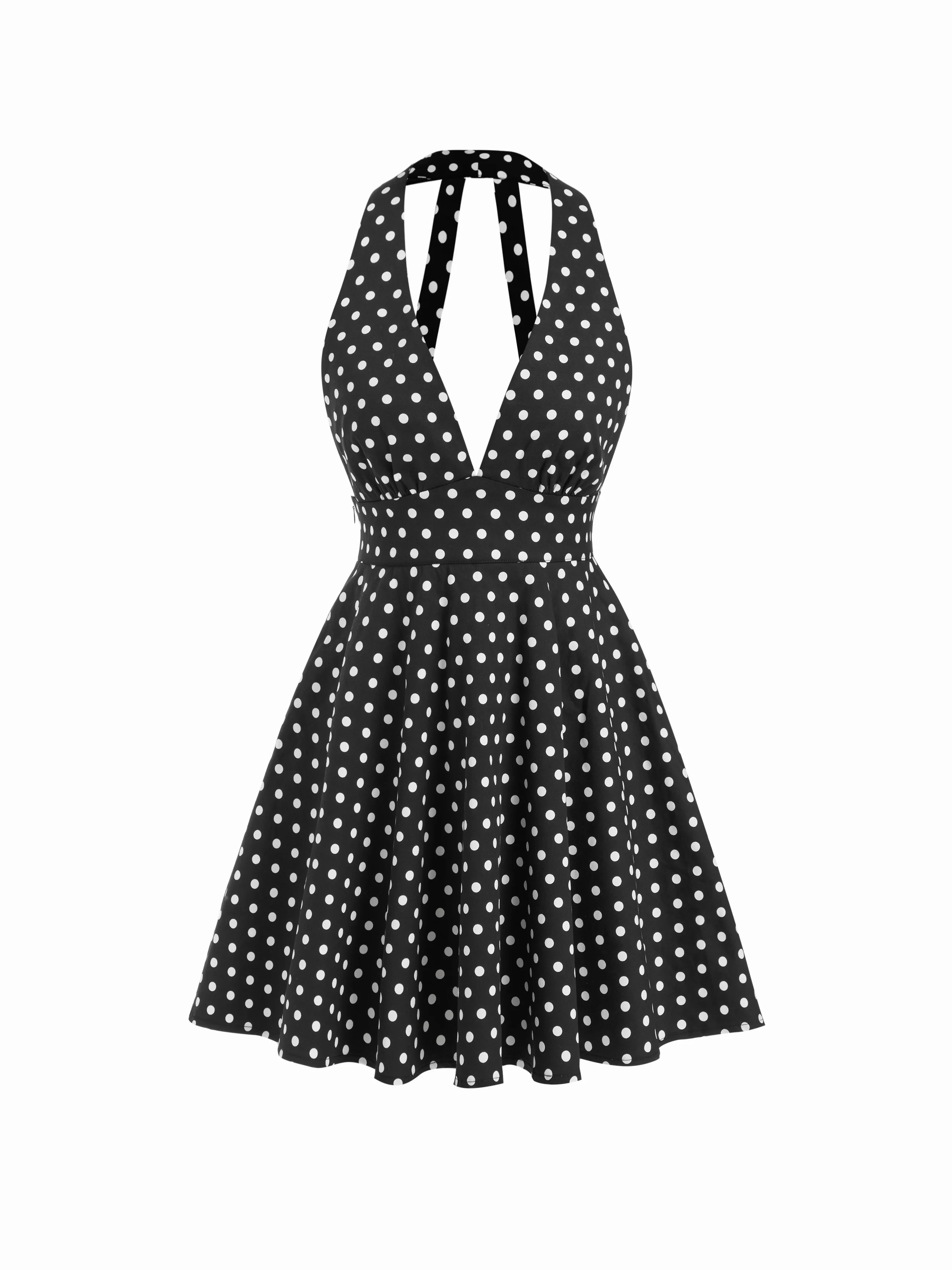 Cotton-blend Halter Neck Polka Dot Backless Flared Mini Dress
