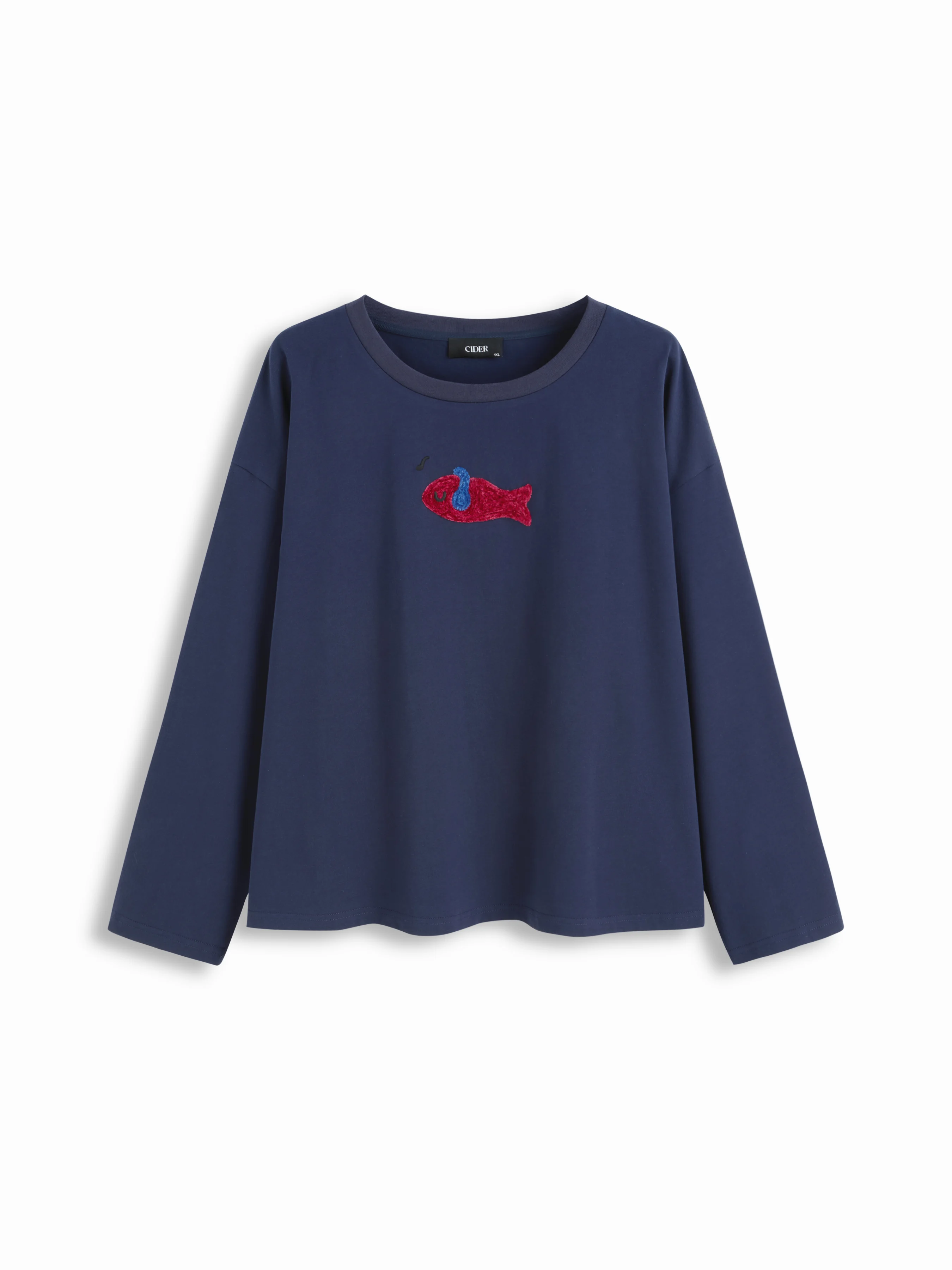 Cotton-blend Fish Embroidery Oversized Tee Curve & Plus