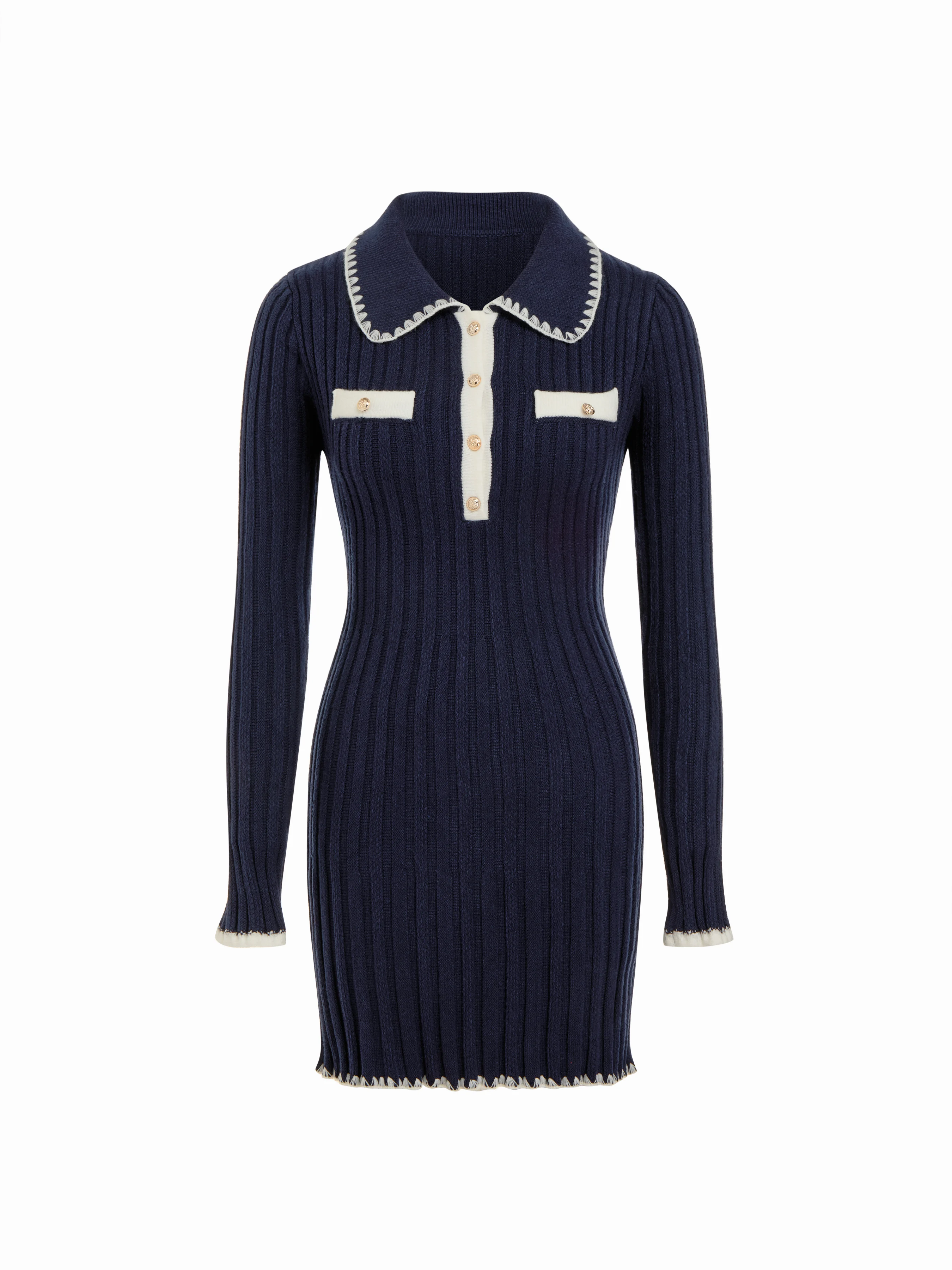 Knit Polo Collar Contrasting Binding Mini Dress