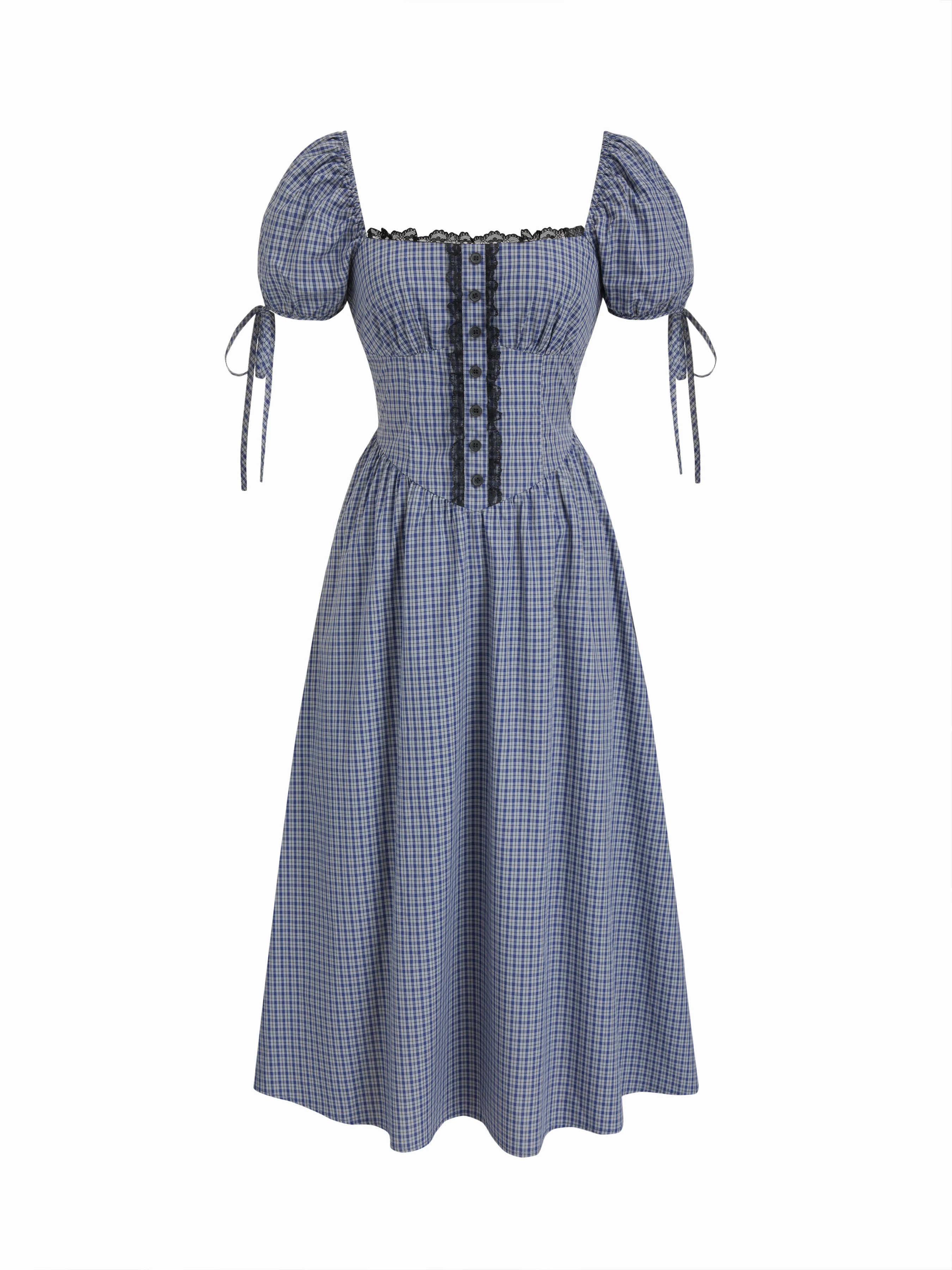 Cotton Plaid Square Neck Knotted Lace Trim Puff Sleeve Midi Dress