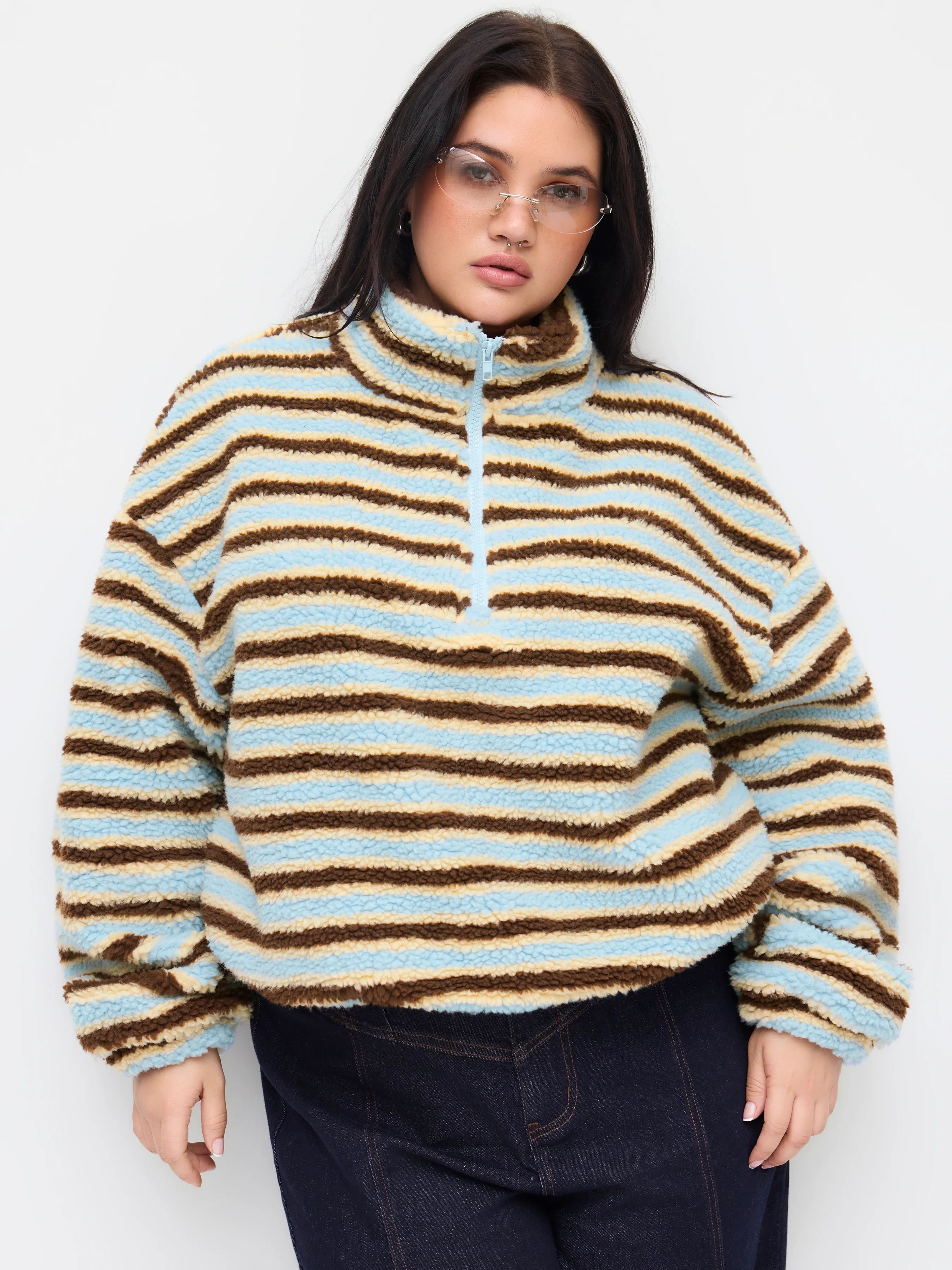 Fleece Stripe Stand Collar Drawstring Half Zip Oversized Sweatshirt Curve & Plus
