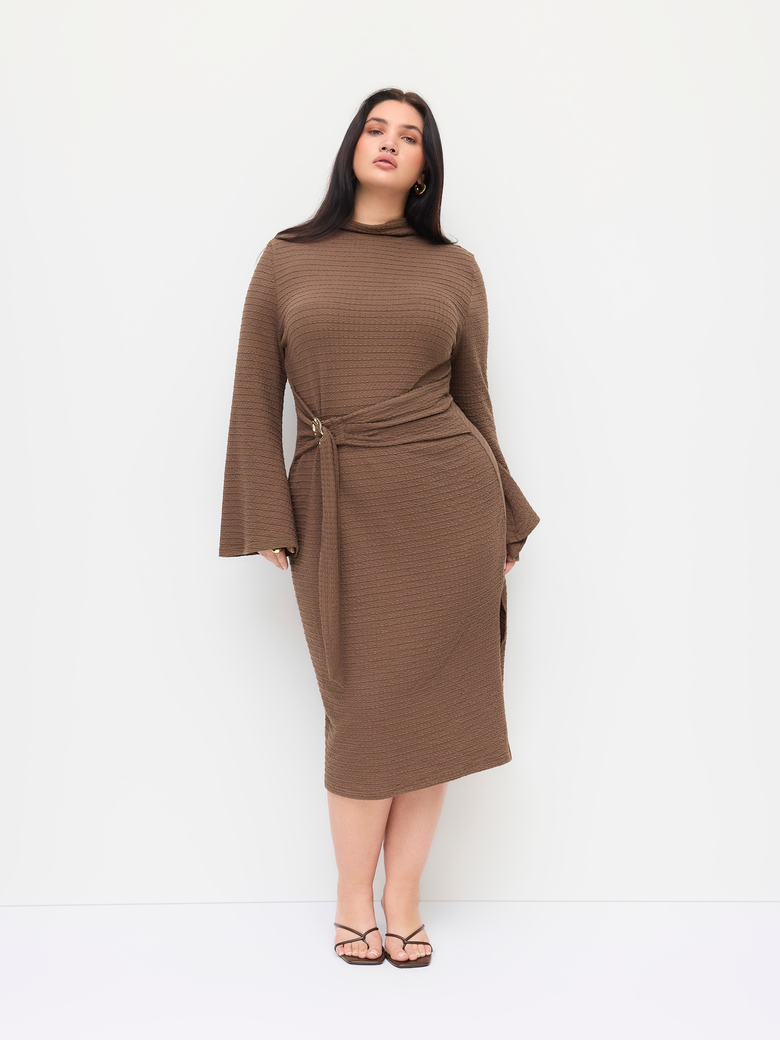 Textured Stand Collar Metal Detail Bell Sleeve Maxi Dress With Belt Curve & Plus