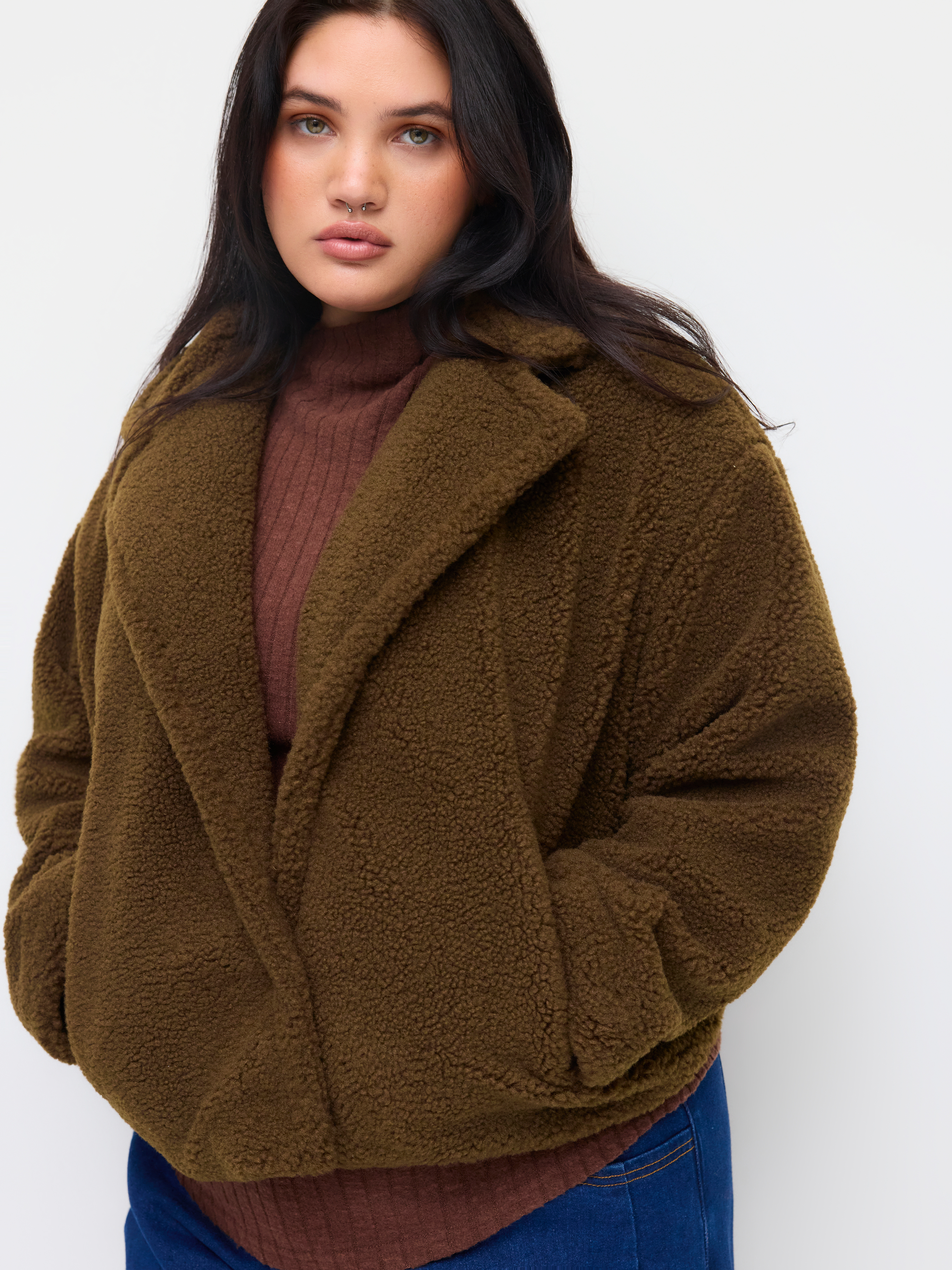 Fleece Collar Pocket Oversized Jacket Curve & Plus