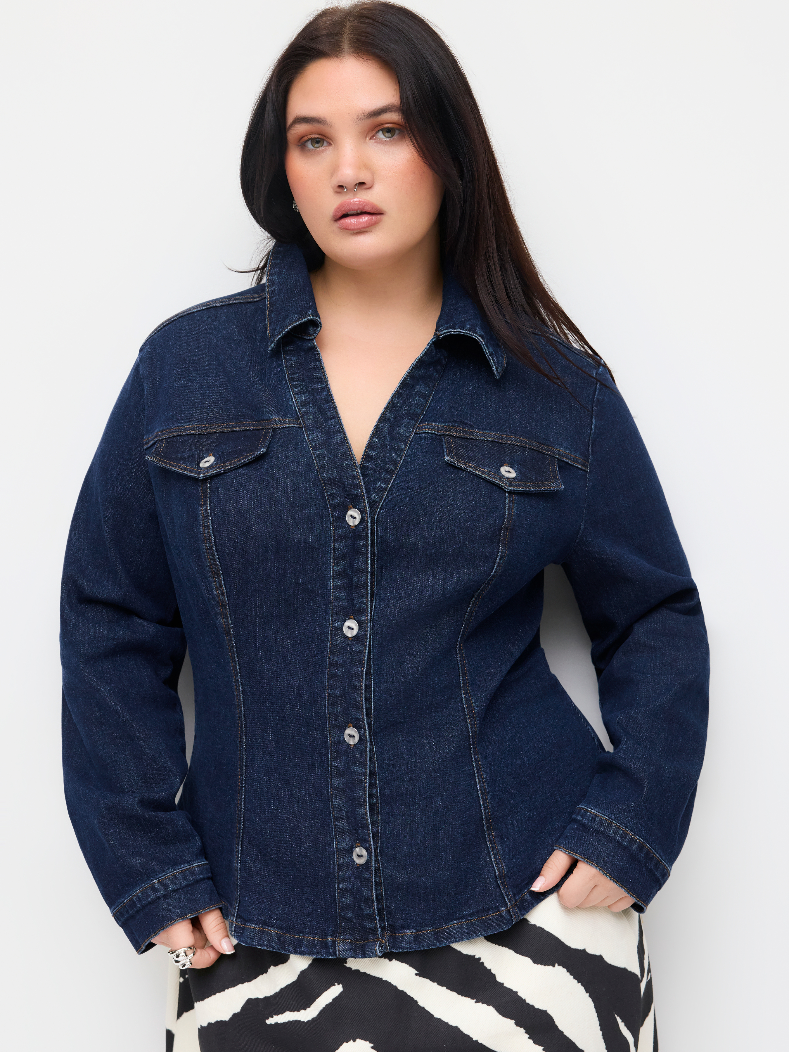 Stretch Denim Metal Detail Blouse Curve & Plus