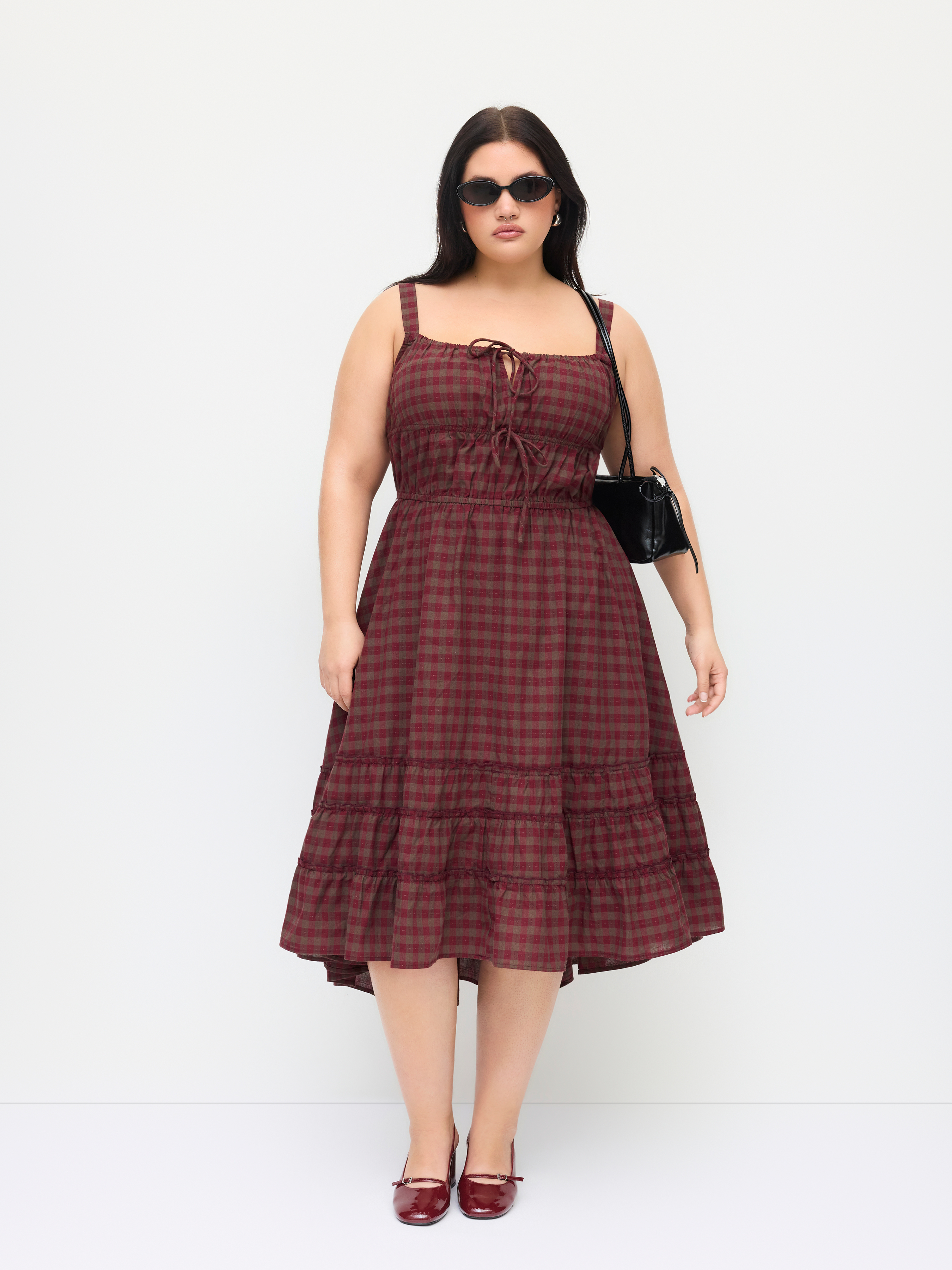 Cotton-blend Square Neck Plaid Lettuce Trim Tie Front Asymmetrical Hem Maxi Dress Curve & Plus