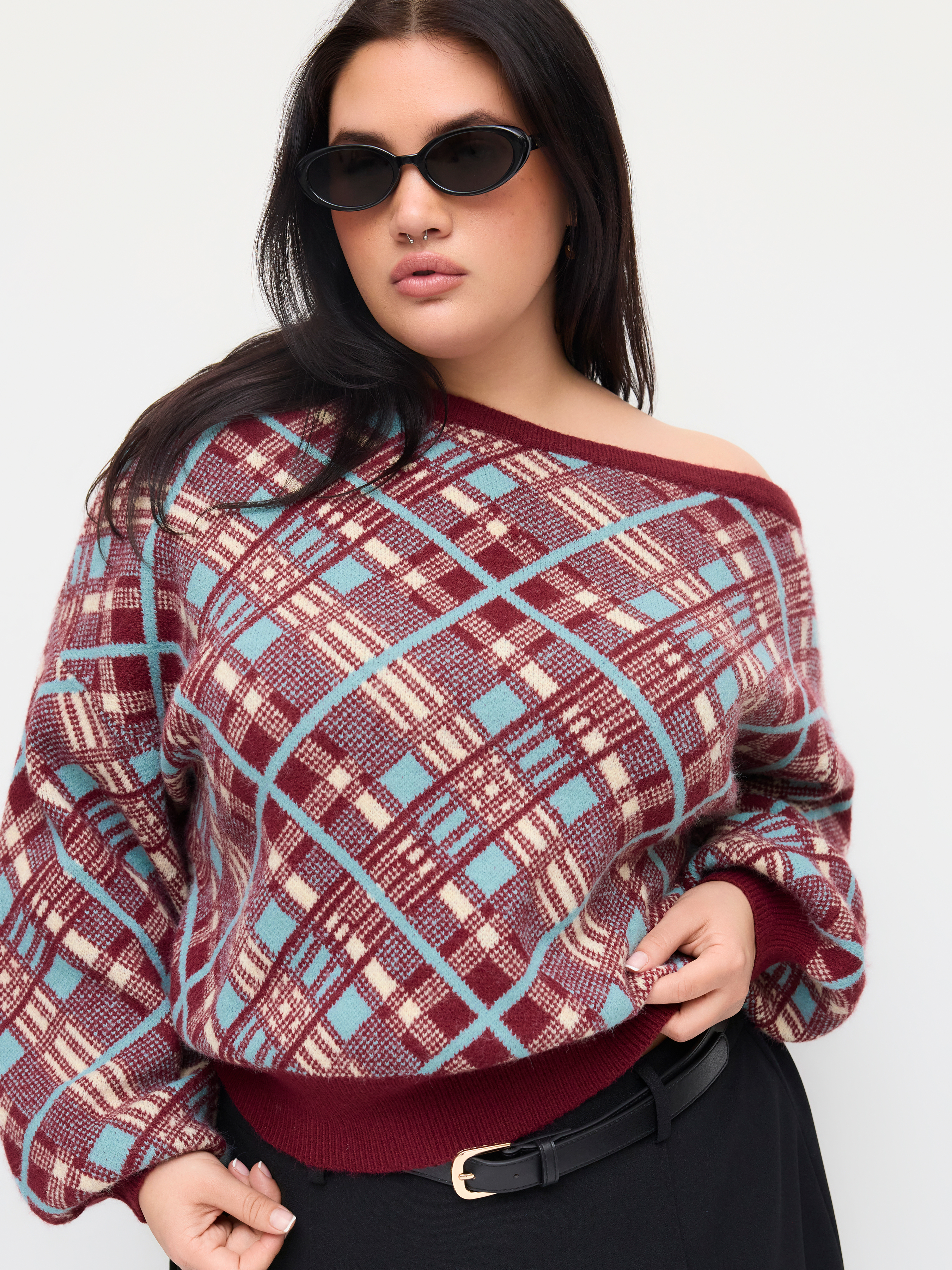 Knit Plaid Asymmetrical Neck Lantern Sleeve Top Curve & Plus