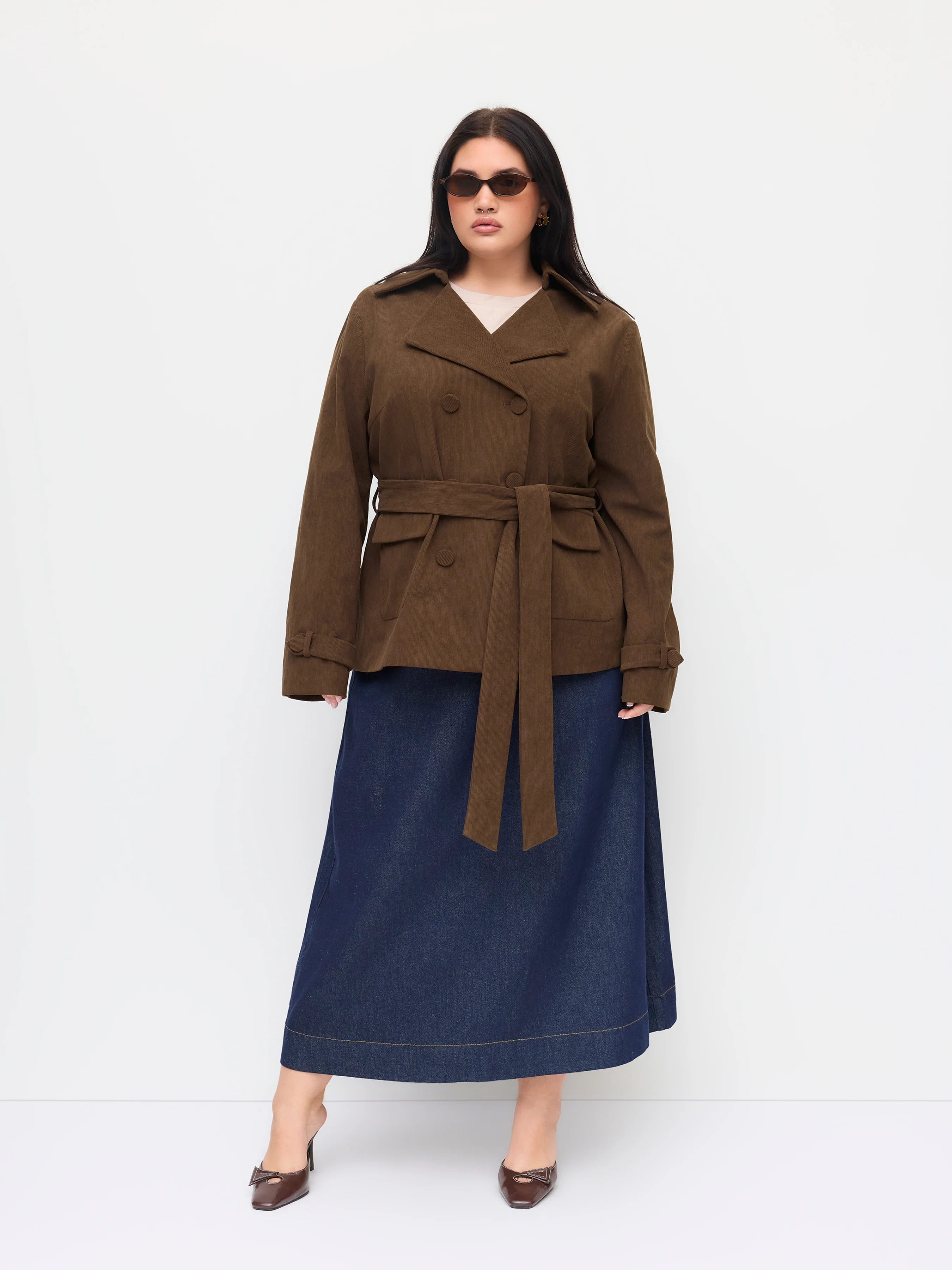 Corduroy Double Breasted Jacket With Belt Curve & Plus
