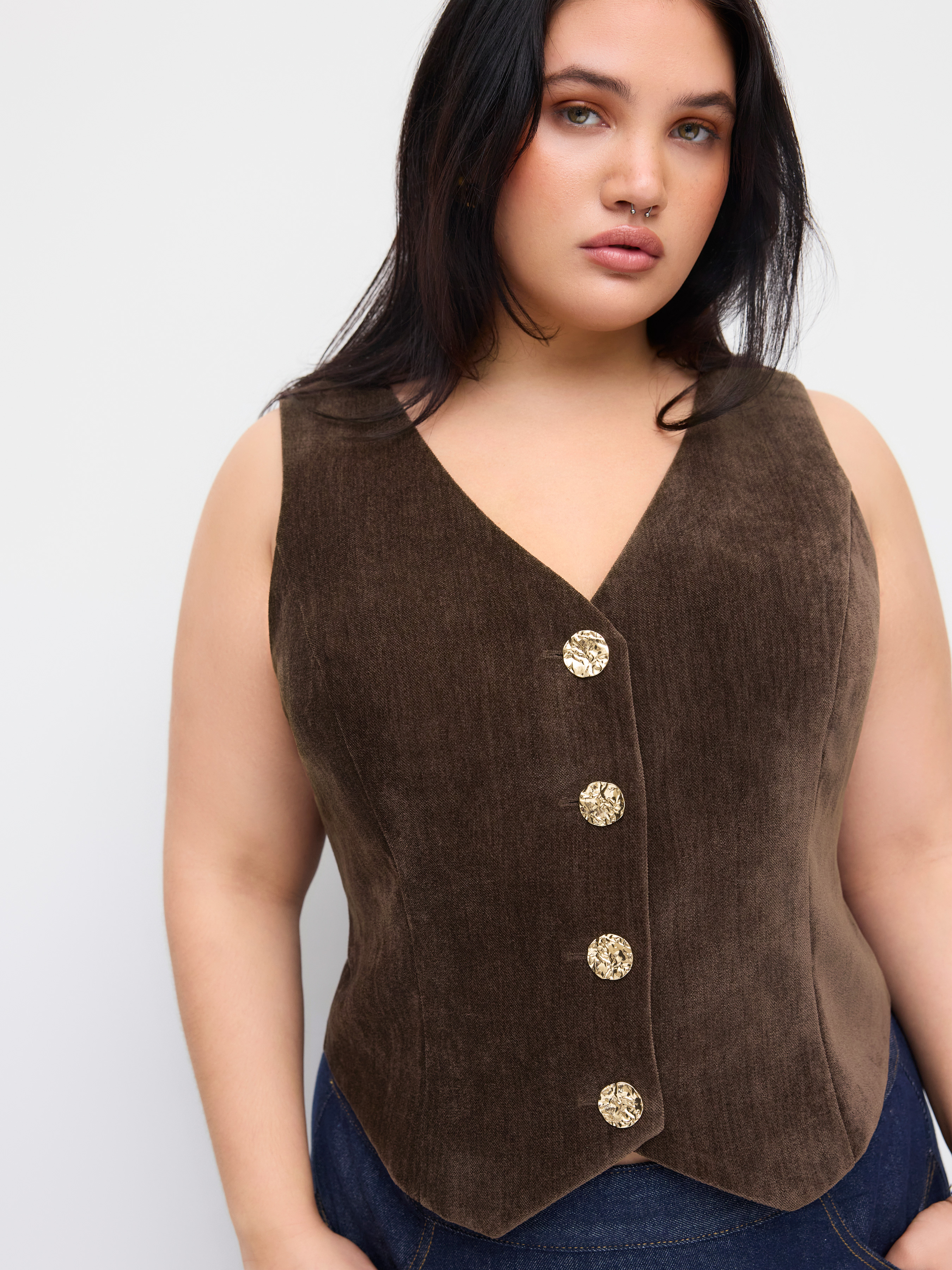 Velvet V-neck Metal Detail Tie Back Vest Curve & Plus