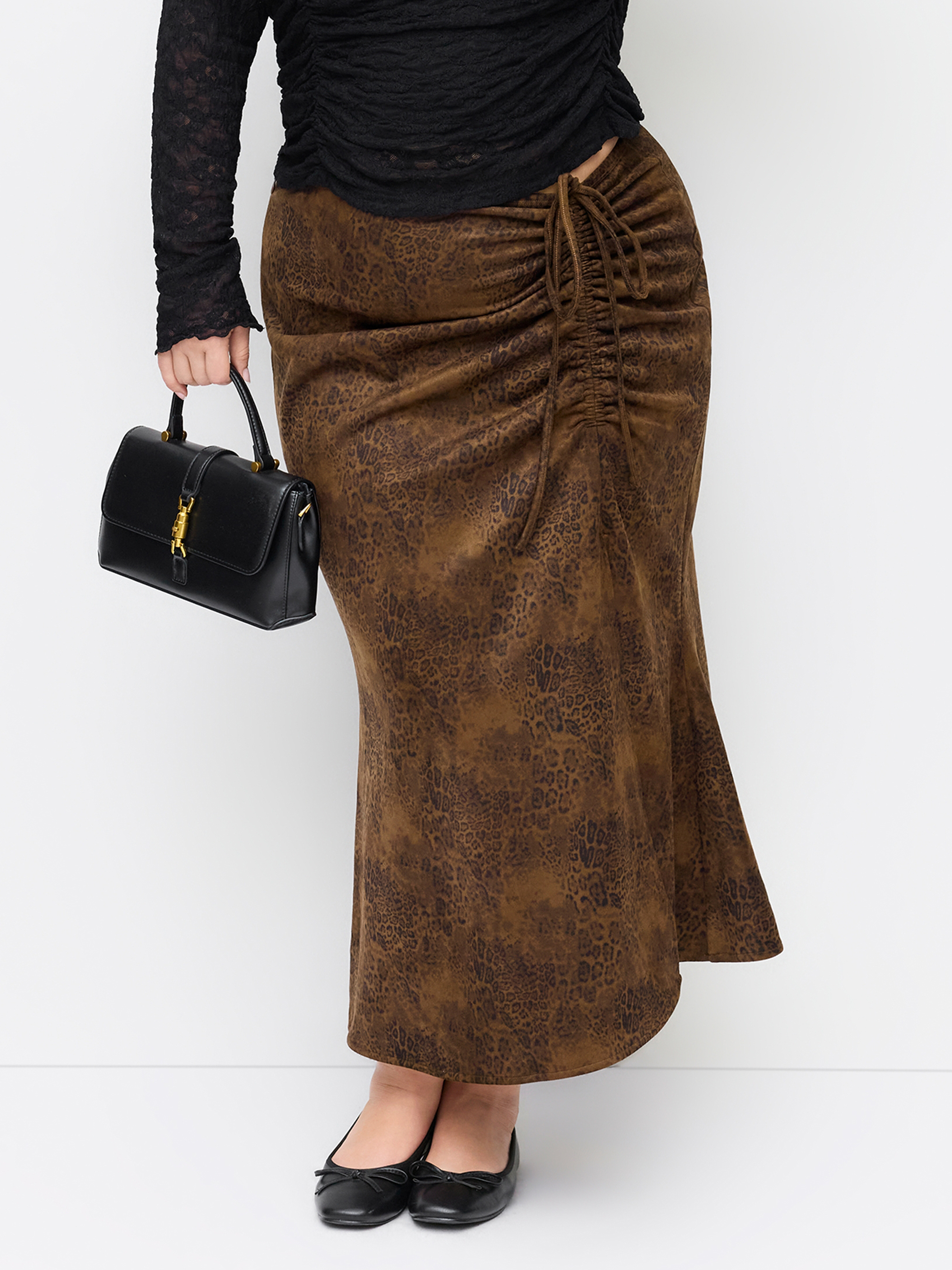 Suede Mid Rise Leopard Drawstring Mermaid Maxi Skirt Curve & Plus