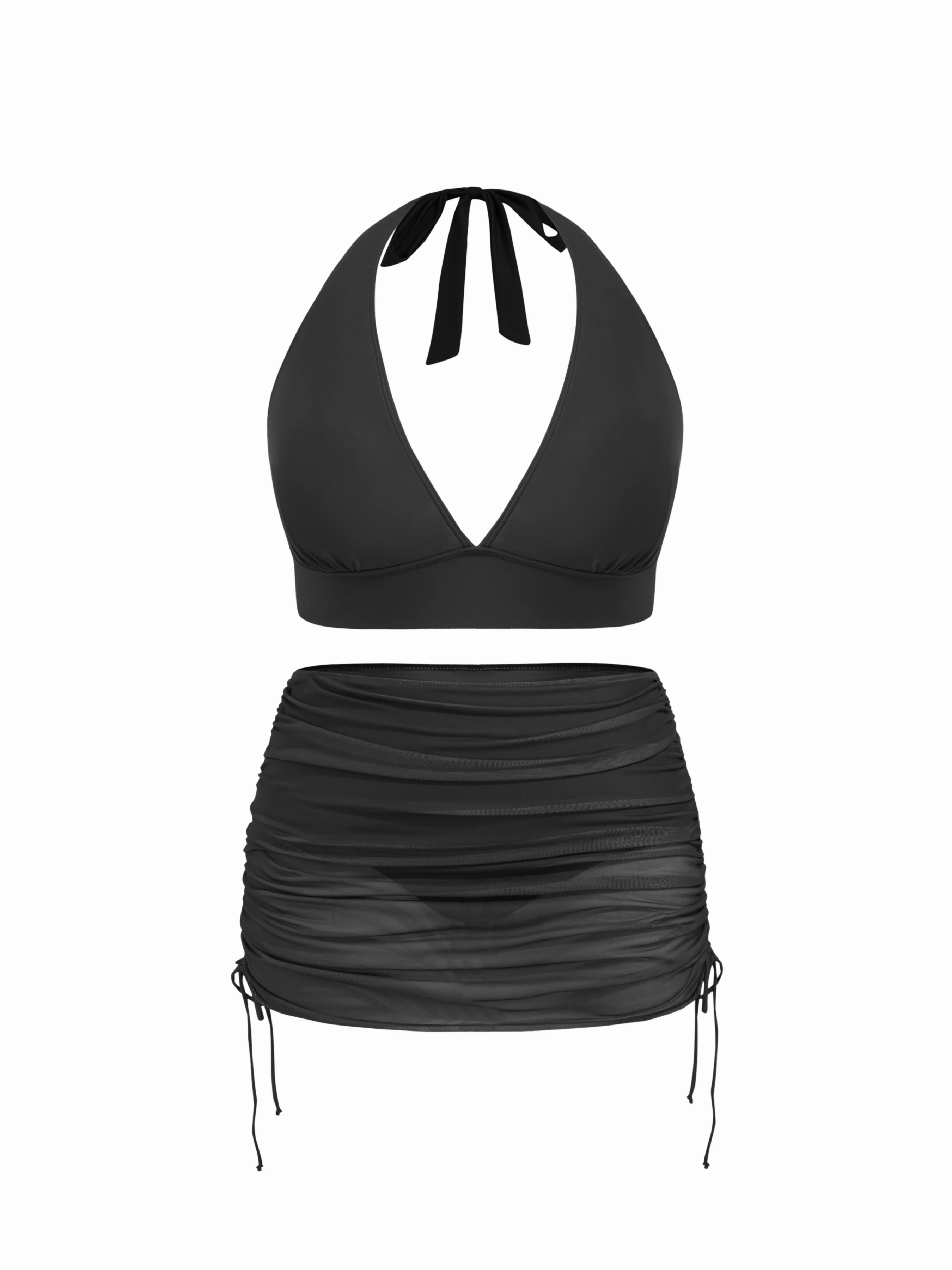 V-neck Halter Cheeky Tankini Swimsuit With Drawstring Cover Up Skirt Curve & Plus