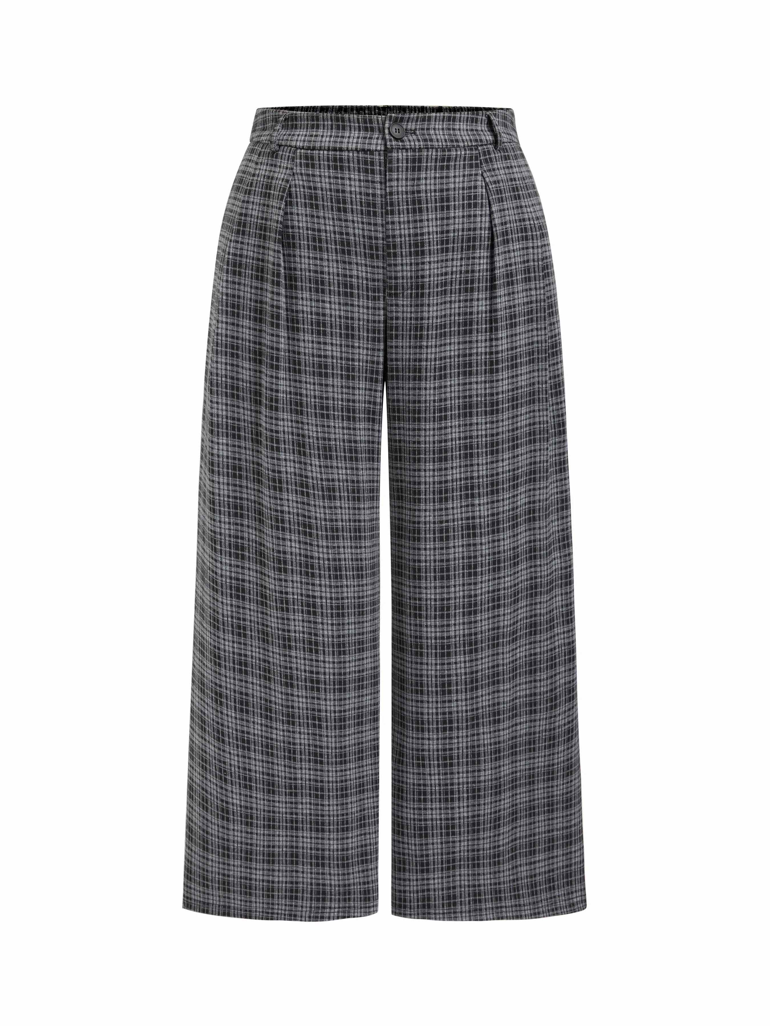 Mid Rise Plaid Pleated Wide Leg Trousers Curve & Plus