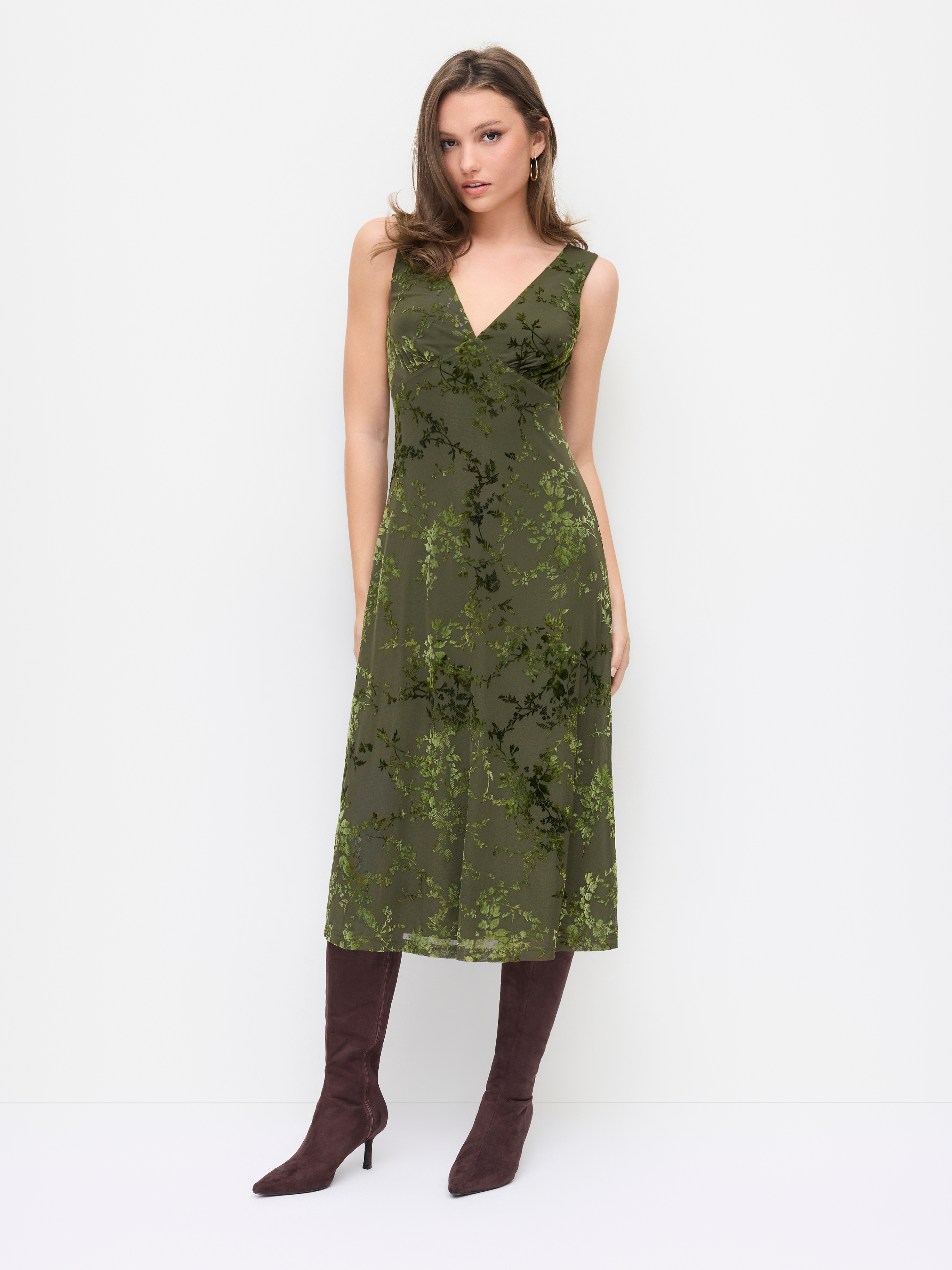 Mesh V-neck Floral Flared Midi Dress