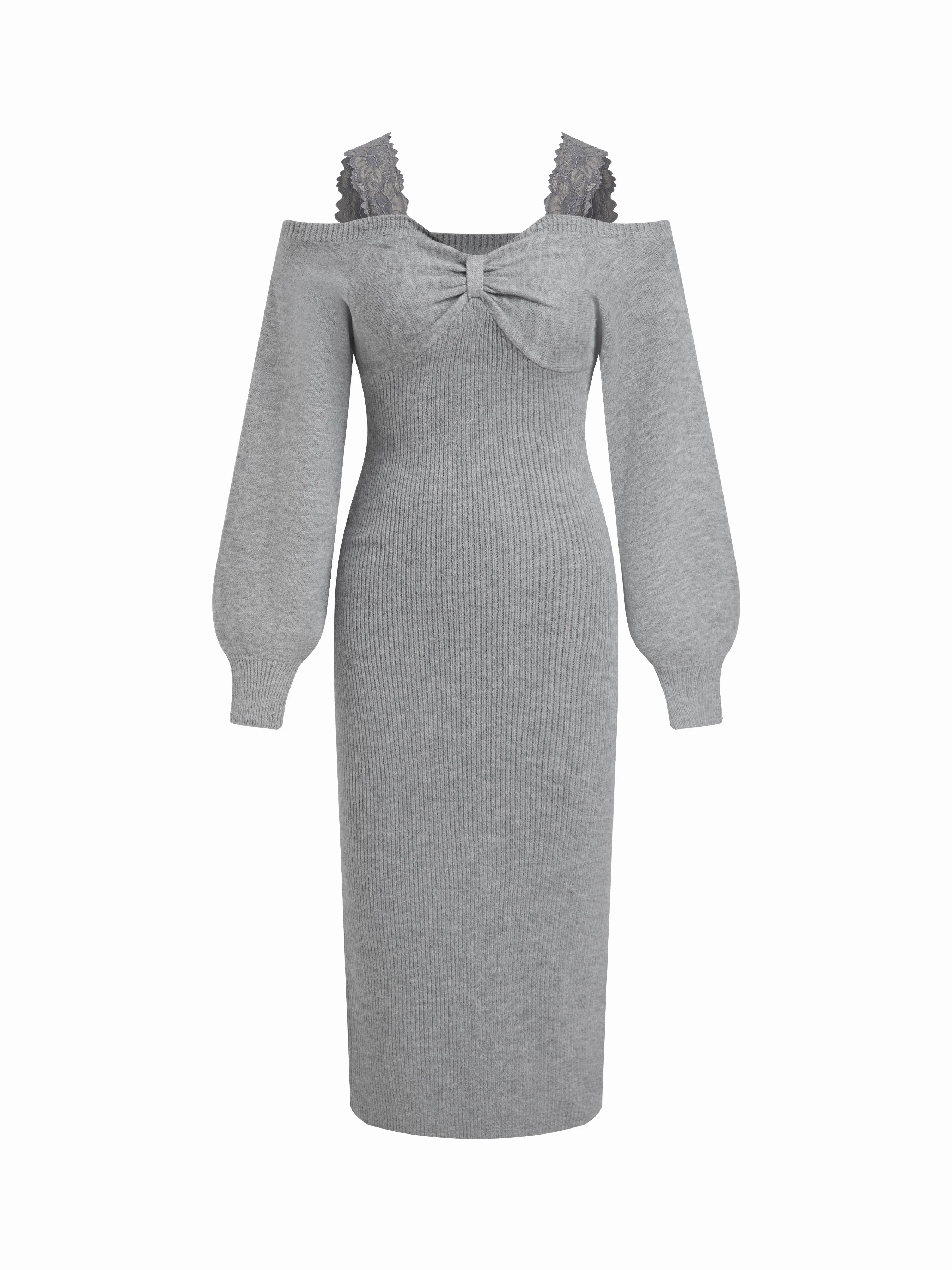 Knit Off-Shoulder Lace Ruched Split Lantern Sleeve Maxi Dress