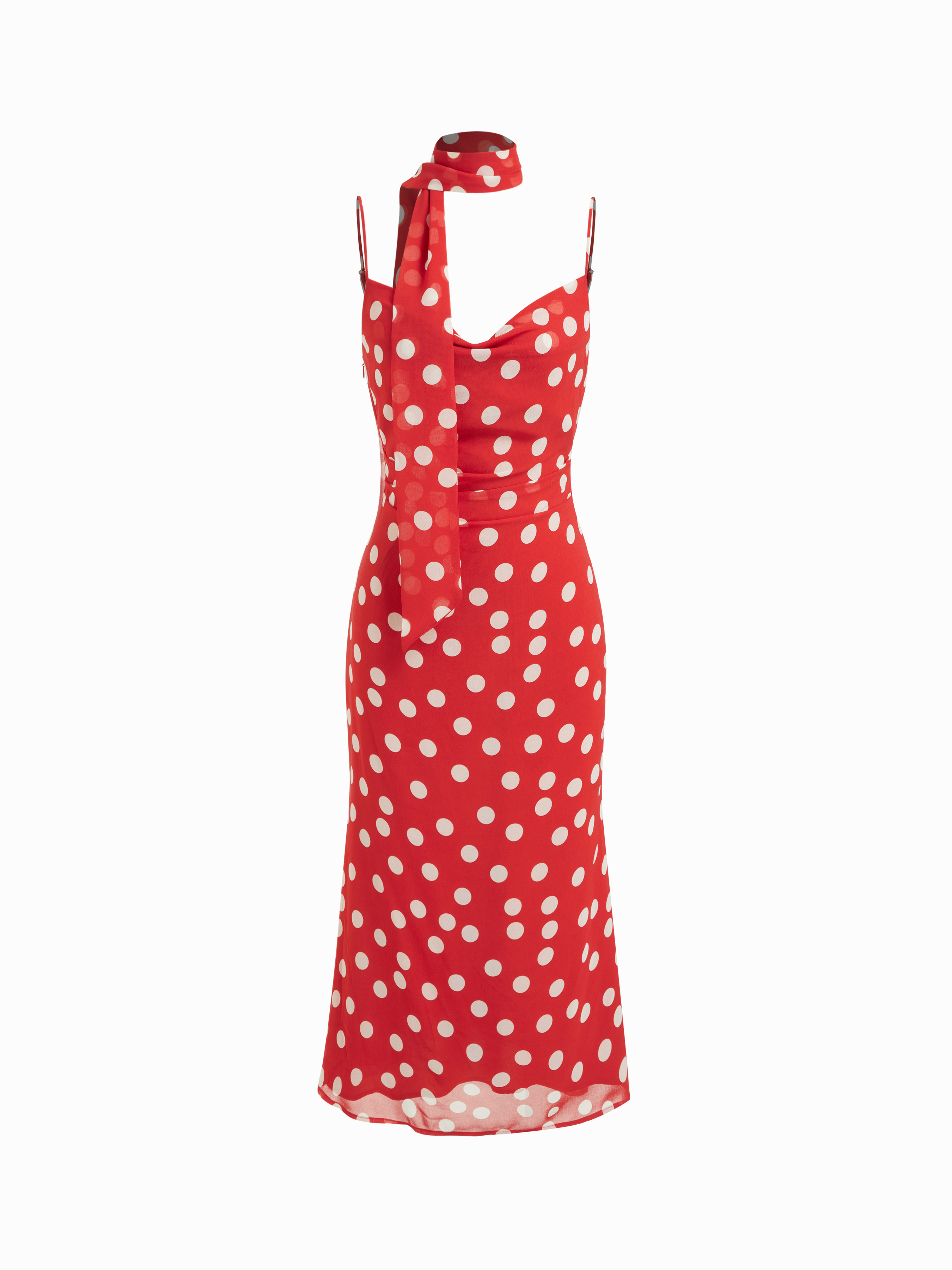 Chiffon Polka Dot Cowl Neck Midi Dress With Scarf