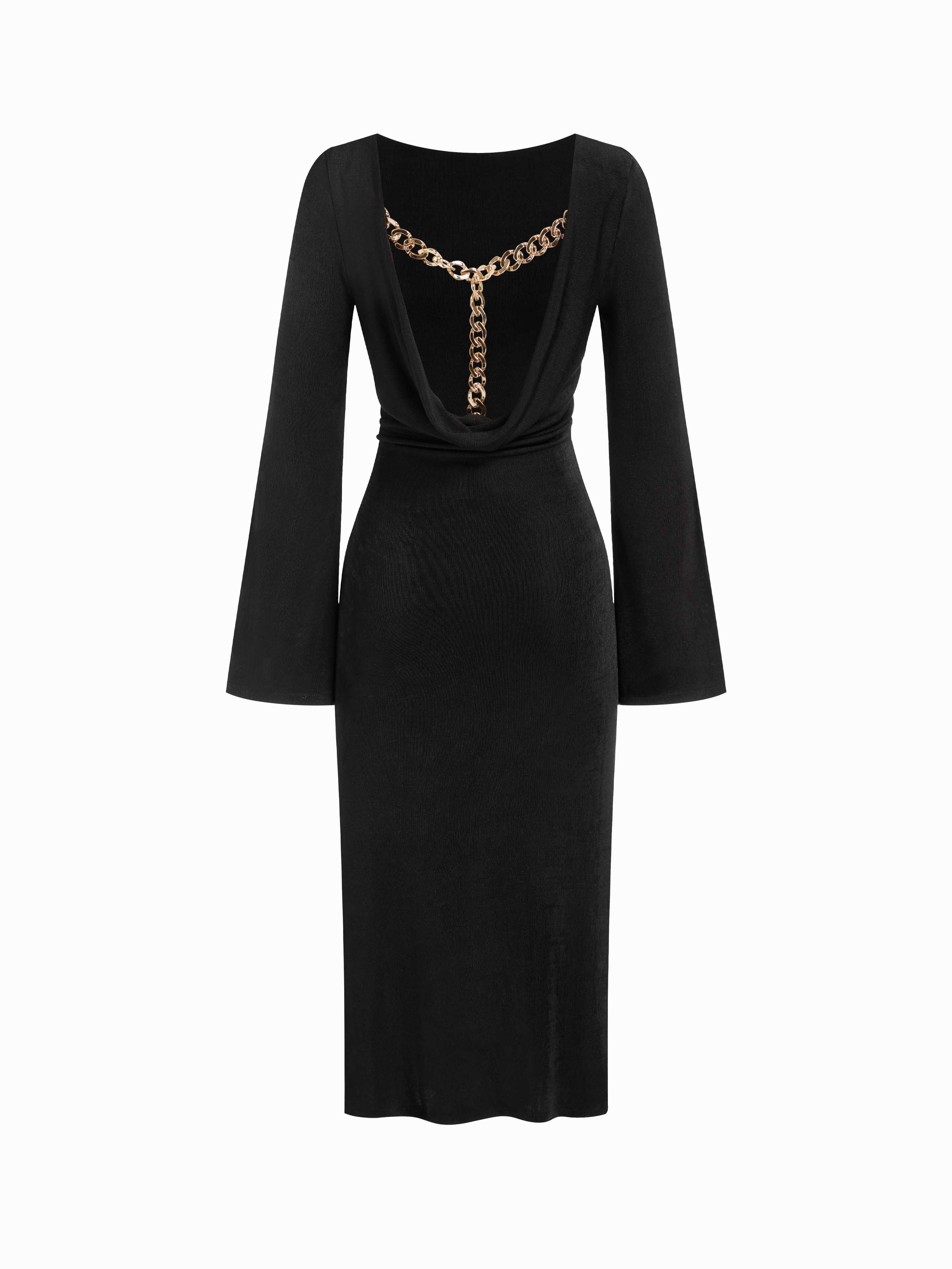 Boat Neck Bell Sleeve Backless Ruched Midi Dress With Chain Detail