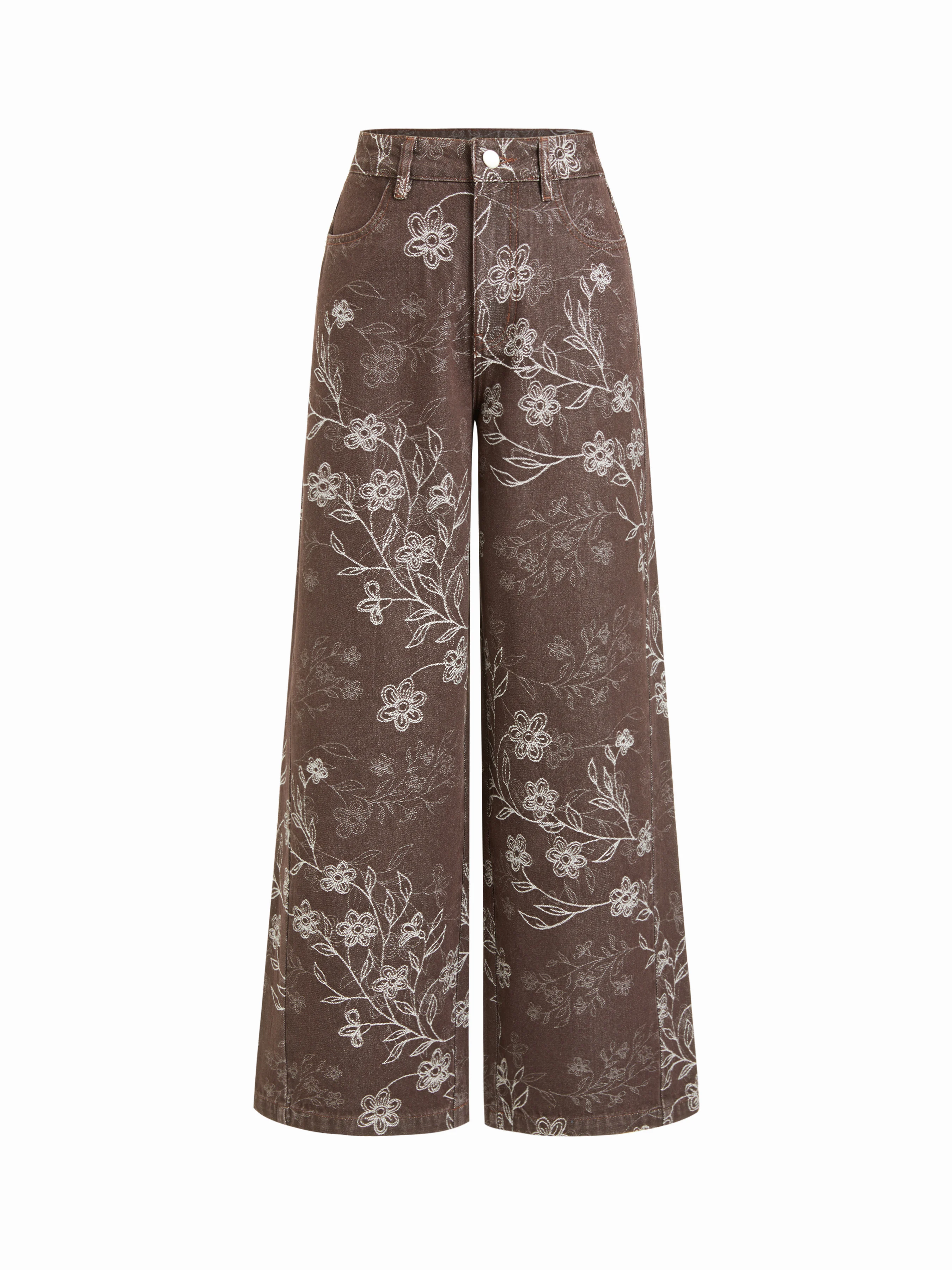 Cotton-blend Low Rise Floral Wide Leg Trousers