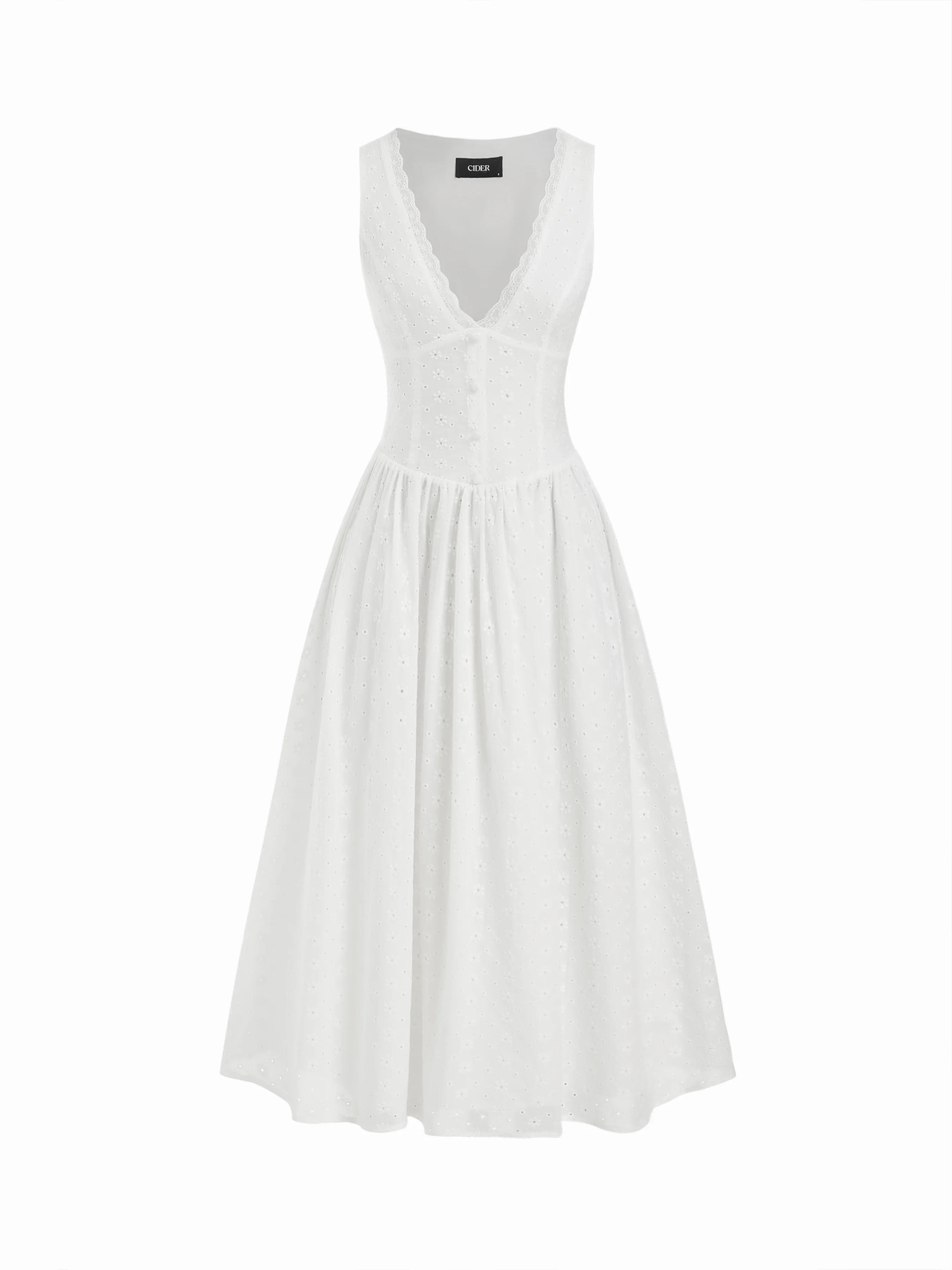 Cotton-blend Sculptural V-neck Broderie Anglaise Floral Lace Trim Button Midi Dress
