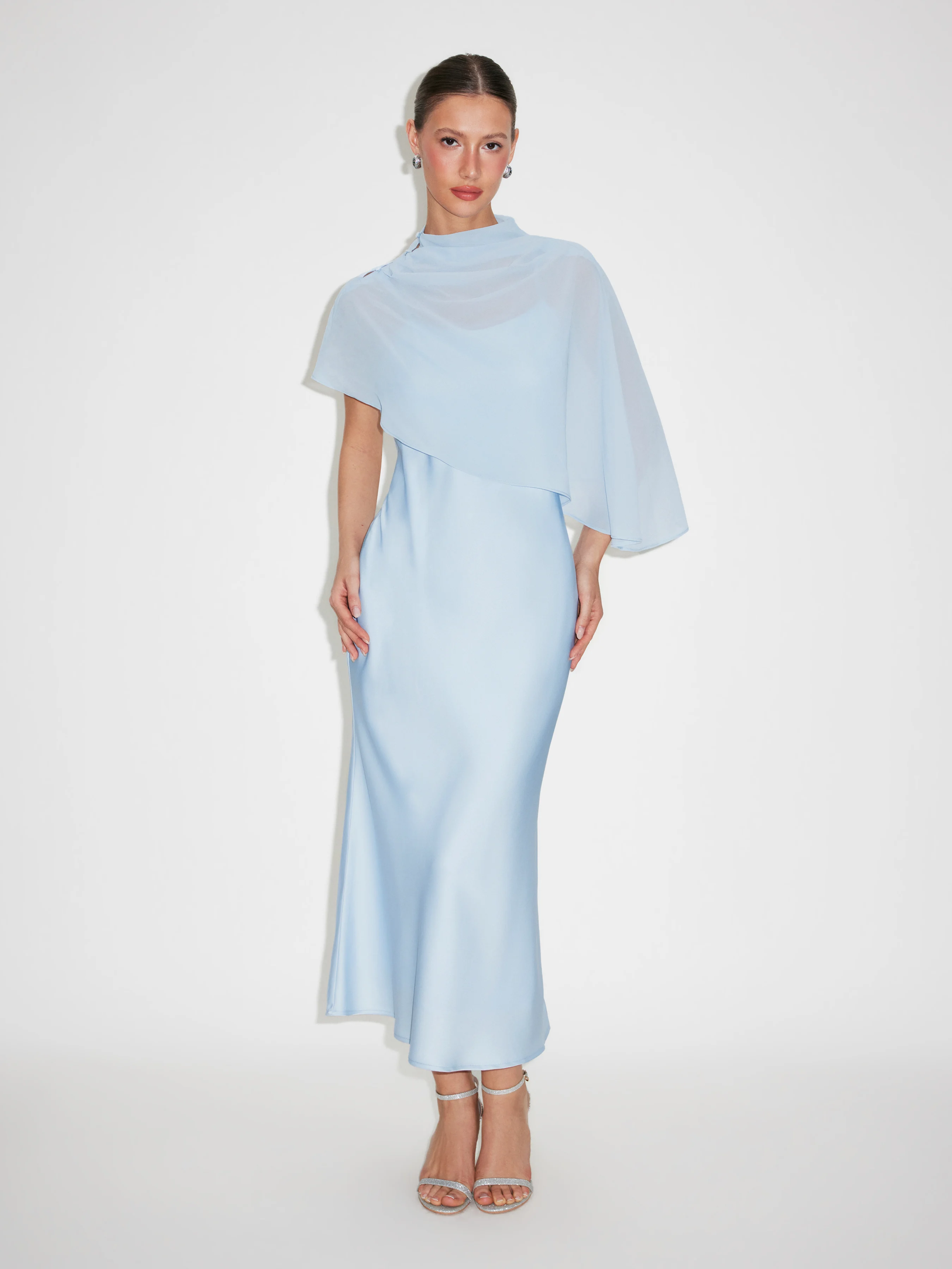 Satin High Neck Cape Sleeve Maxi Dress