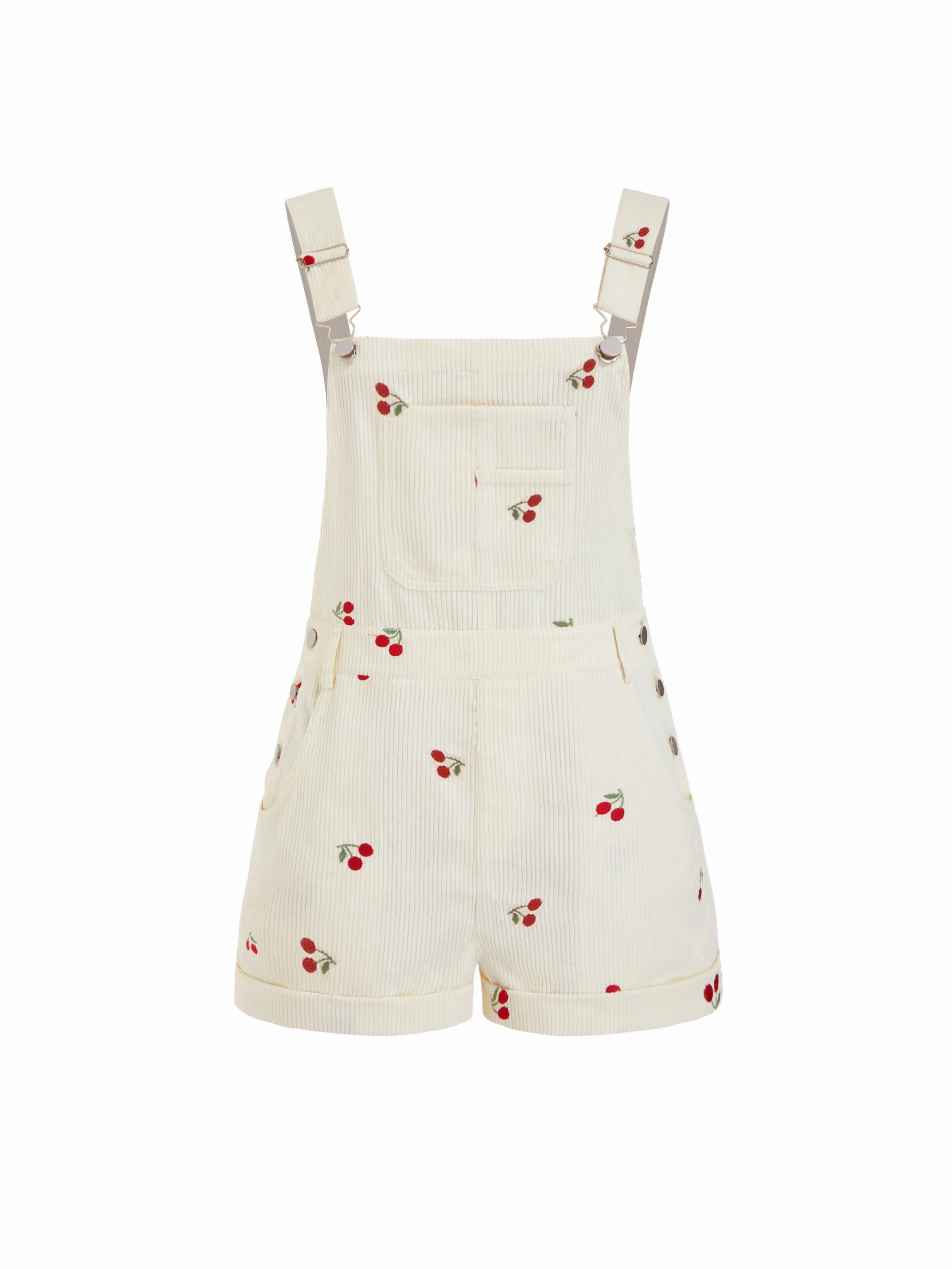 Corduroy Cherry Embroidery Buckle Up Romper