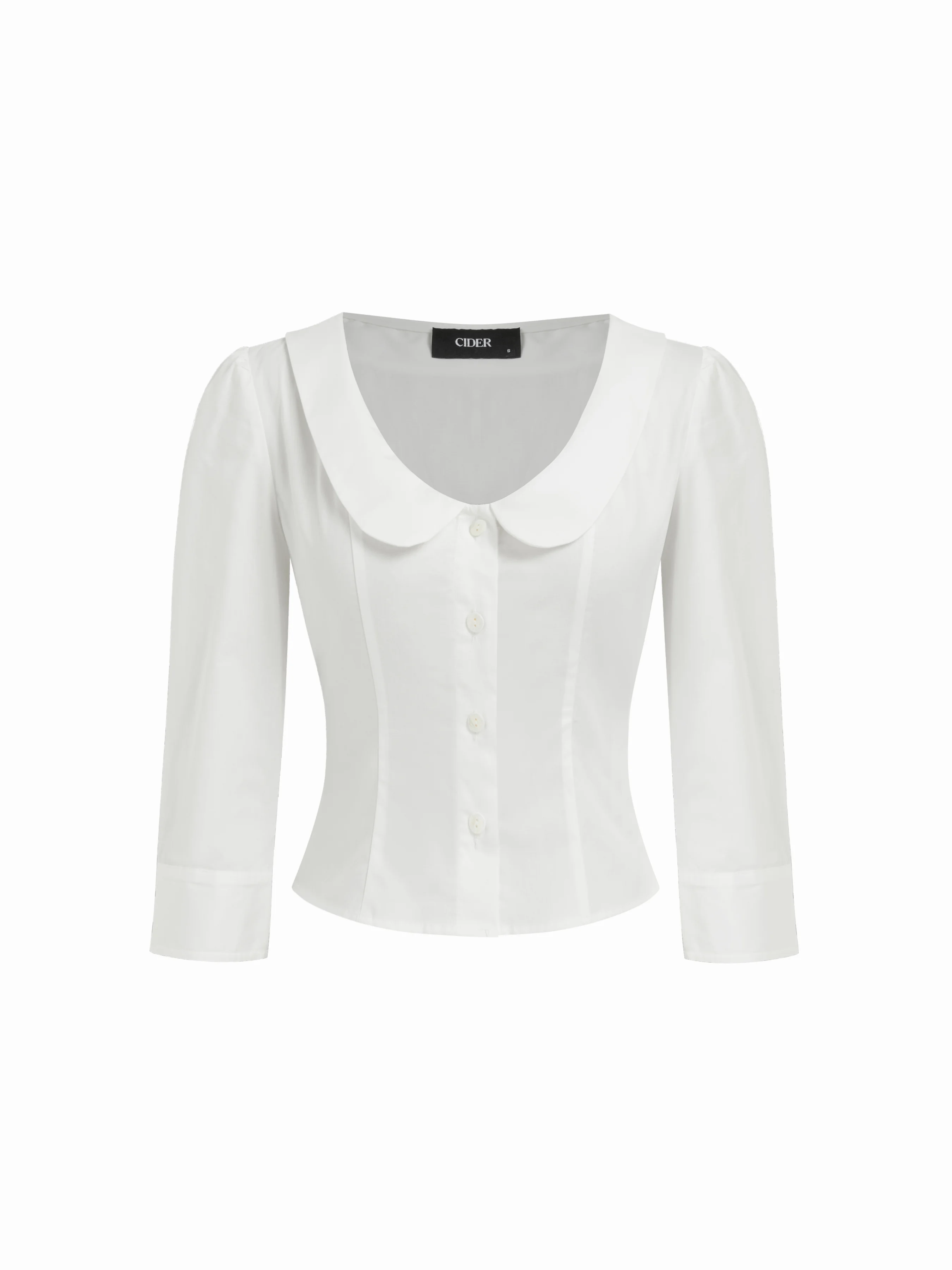 Cotton-blend Peter Pan Collar Middle Sleeve Blouse