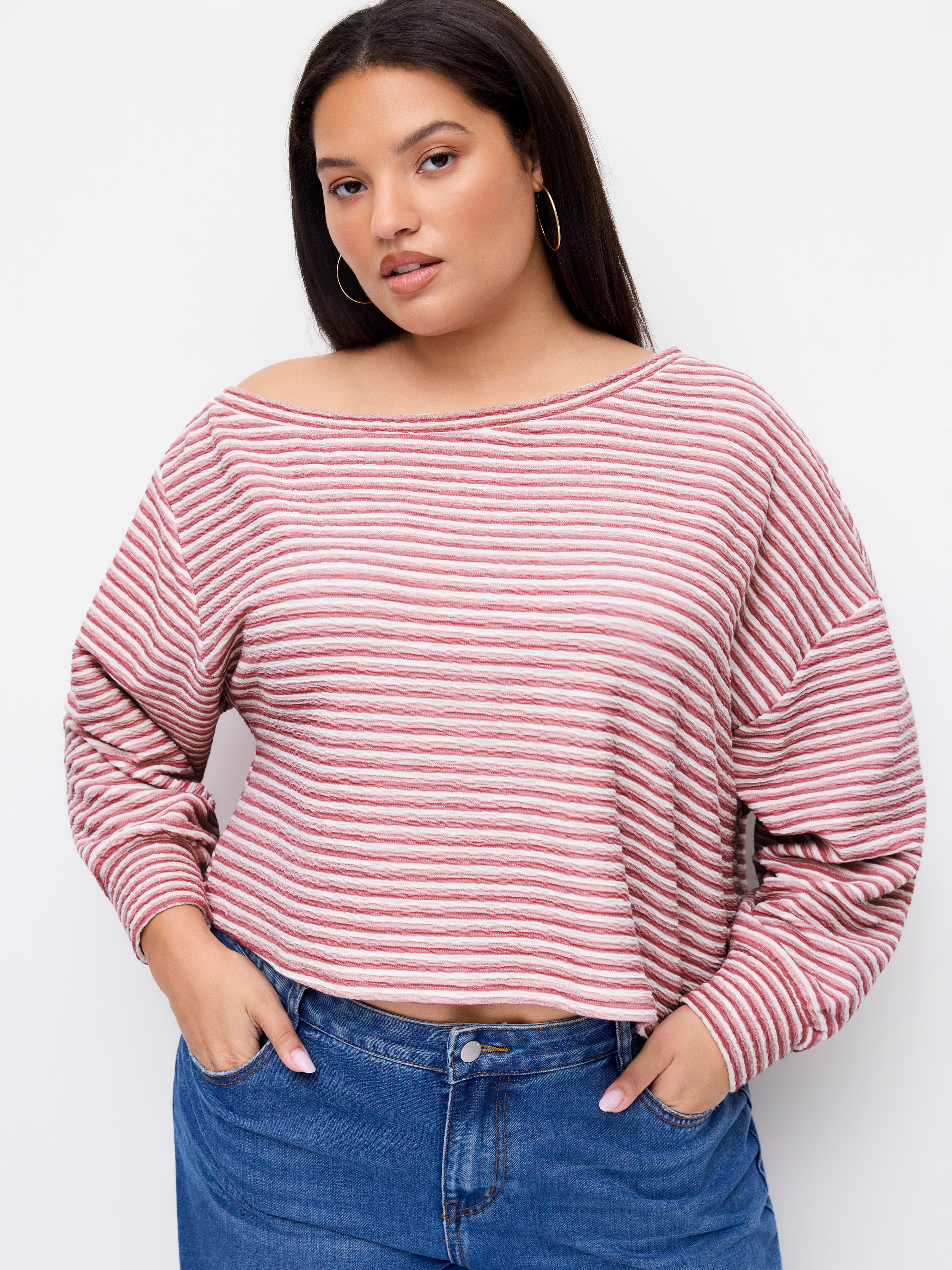 Cotton-blend Asymmetrical Neck Striped Oversized Sweatshirt Curve & Plus