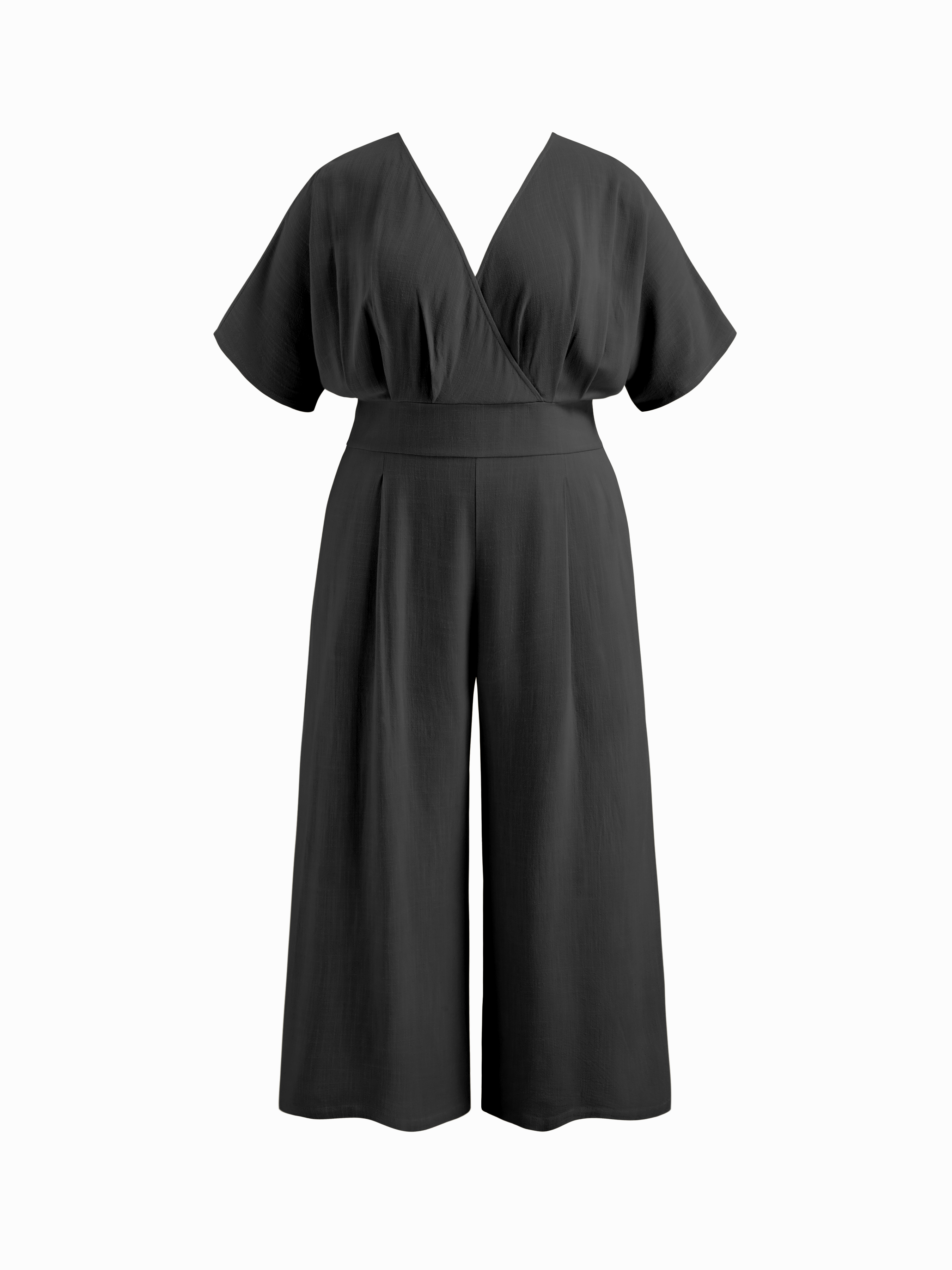 Linen-blend V-neck Solid Corset Pocket Jumpsuit Curve & Plus