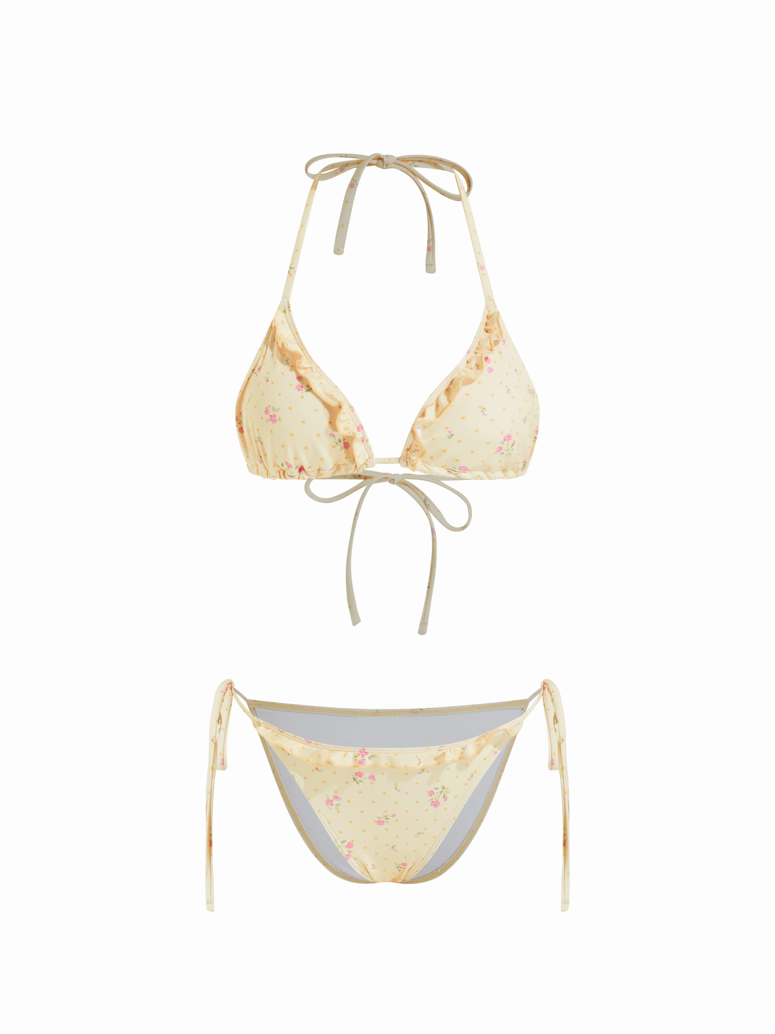 Floral Ruffled Halter Triangle Tie Side Bikini Set