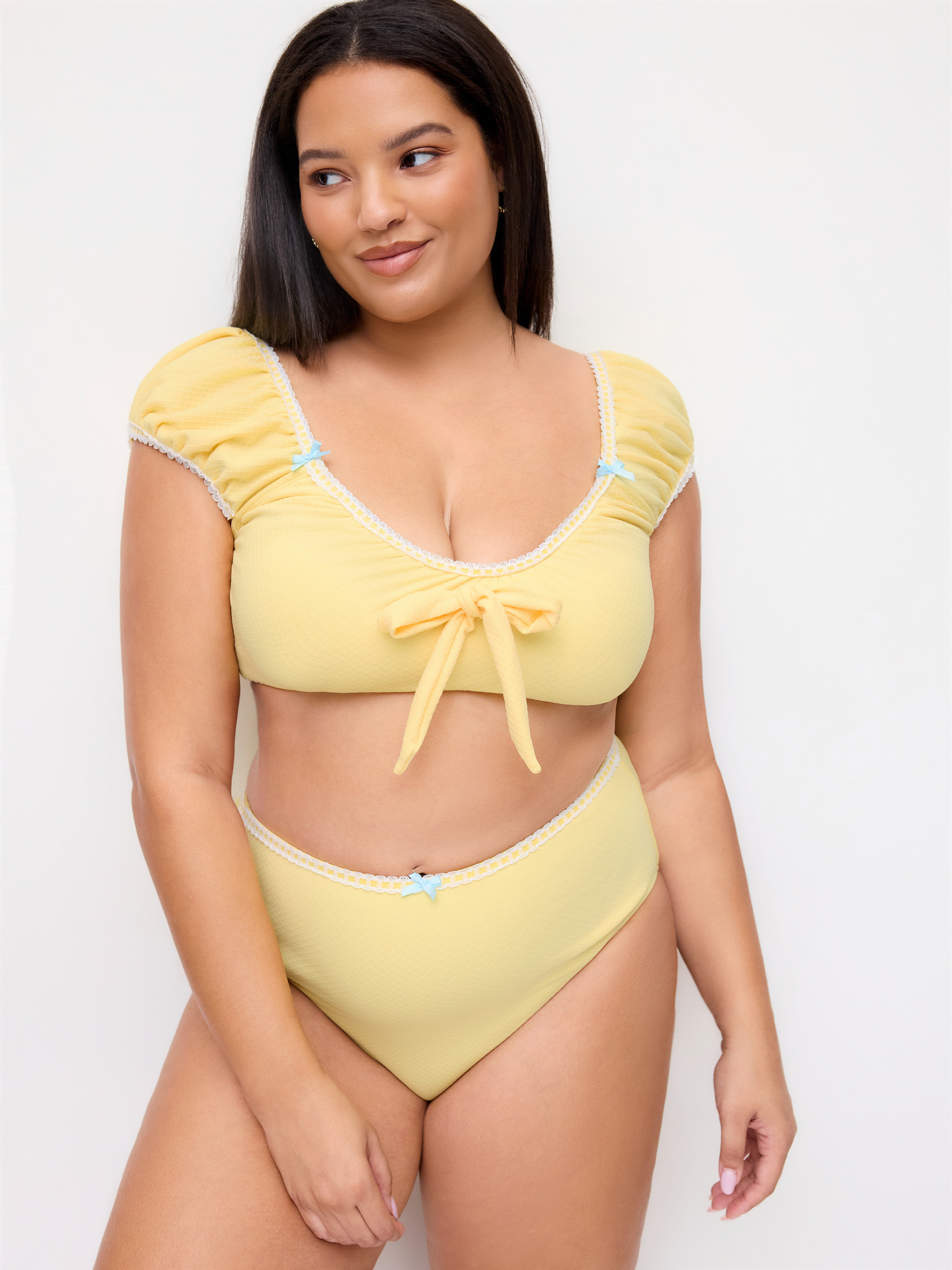 Sweetheart Neck Puff Sleeve Bowknot Lace Trim Bikini Set Curve & Plus